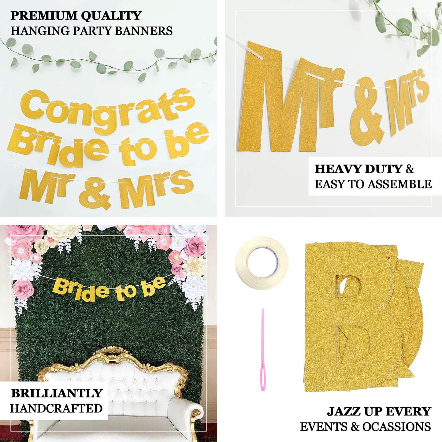 3ft Gold Glittered Mr and Mrs Paper Hanging Wedding Anniversary Banner, Party Garland Banner
