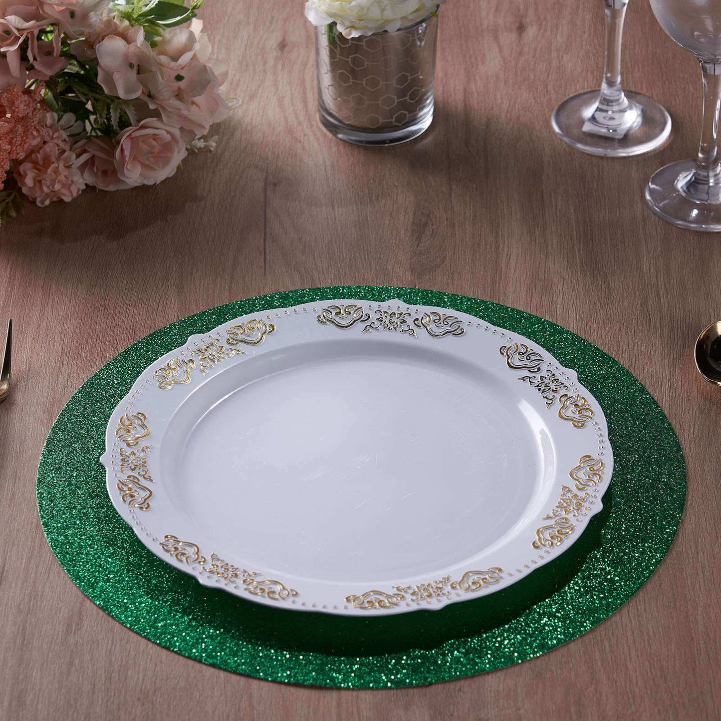 6-Pack Placemats Glitter Design Green Sparkle Round - Non-Slip Decorative Dining Table Mats 13"