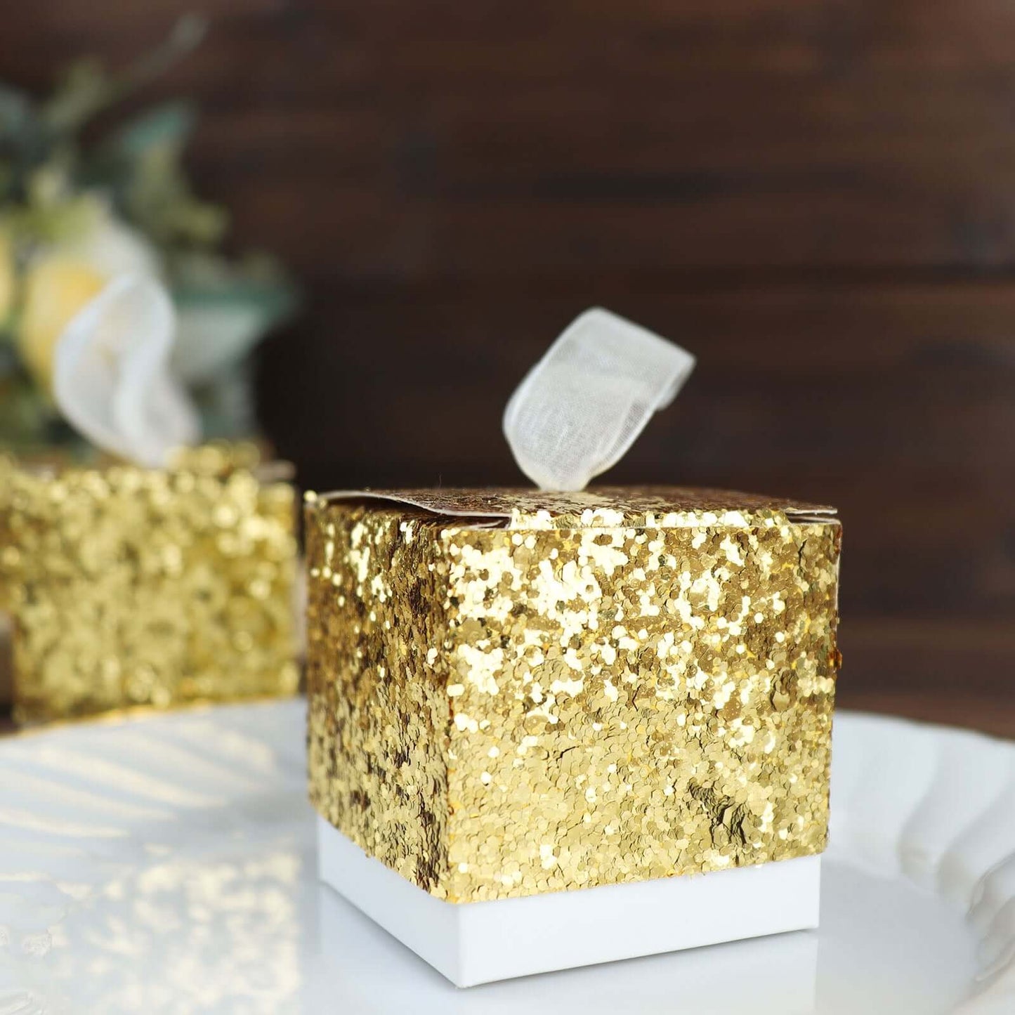 25 Pack 2" Gold Sequin Glitter Party Favor Boxes With White Ribbon Loop, Wedding Favor Gift Boxes, Candy Cases