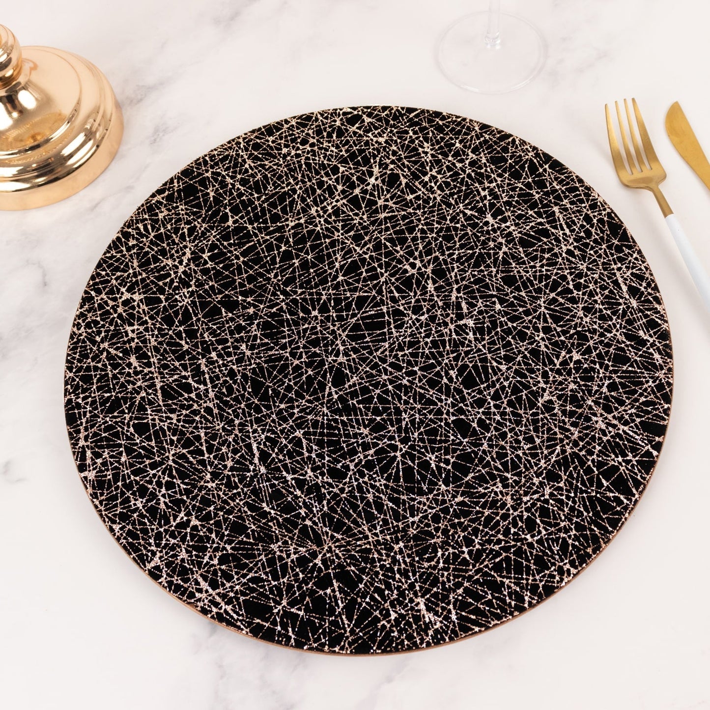 6-Pack Acrylic Round Charger Plates 13" in Black with Gold Glitter Abstract Lines Pattern, Decorative Dinner Party Charger Tableware