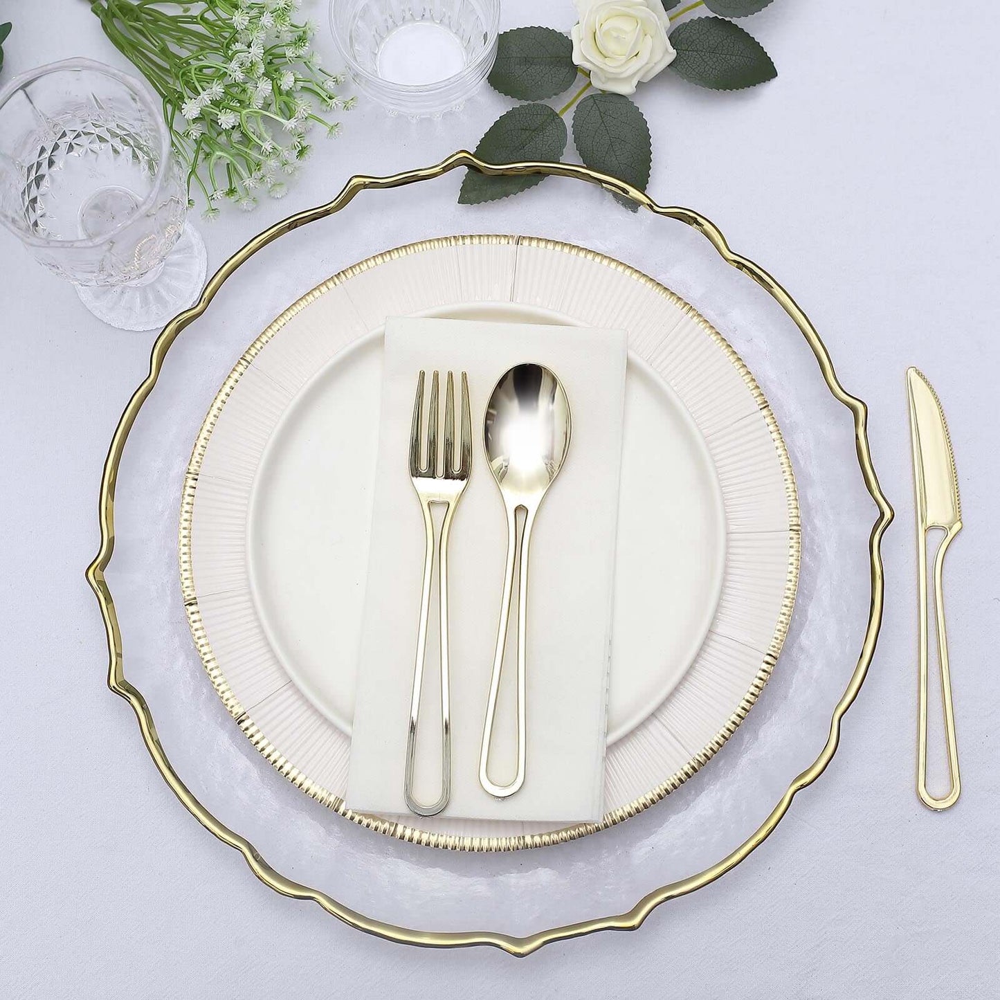 24-Pack Plastic Utensil Set with Modern Hollow Handle Design Gold - Disposable Silverware 7" for Parties