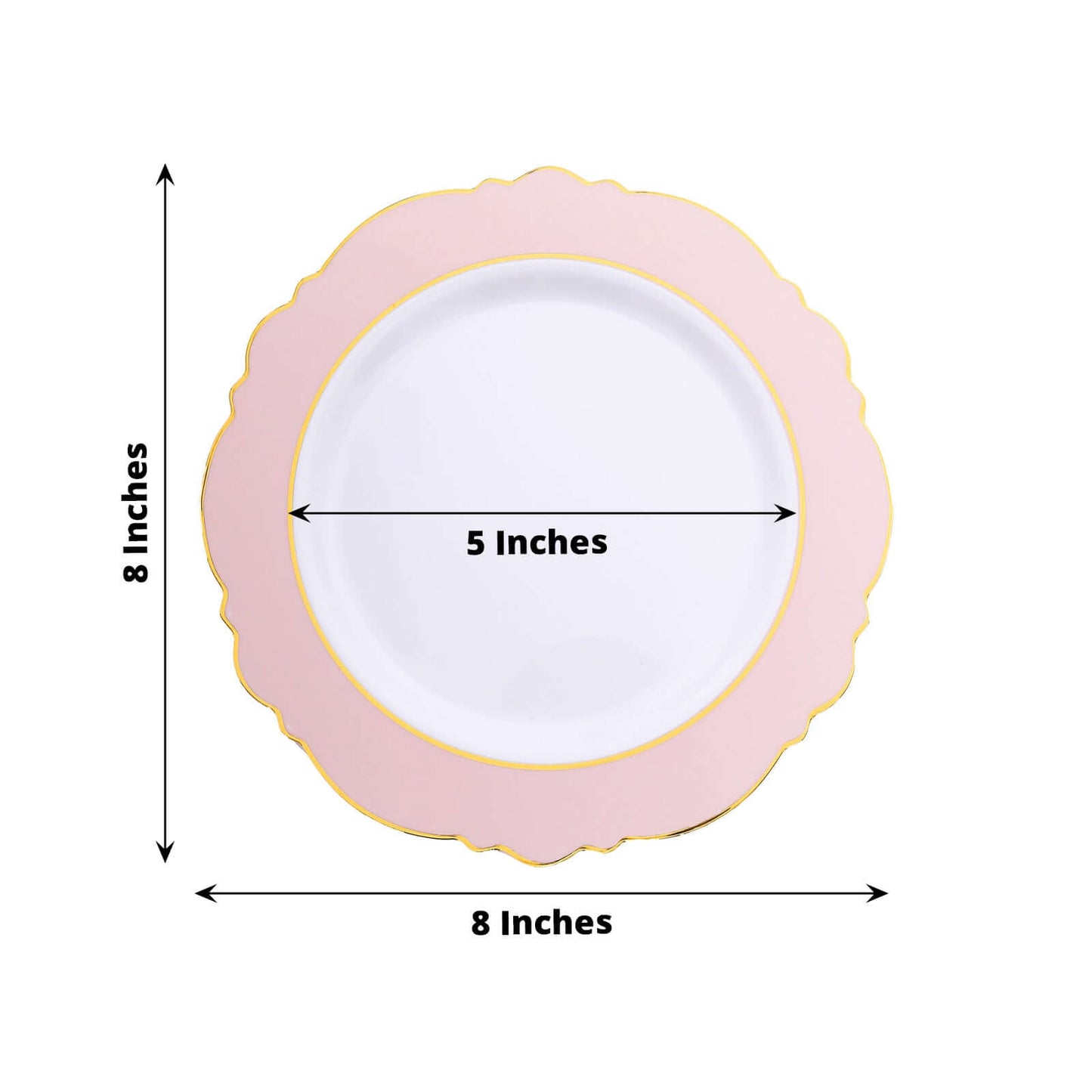 10-Pack Plastic 8" Round Dessert Plates in White with Blush Blossom Design & Gold Edging - Disposable Salad Appetizer Plates