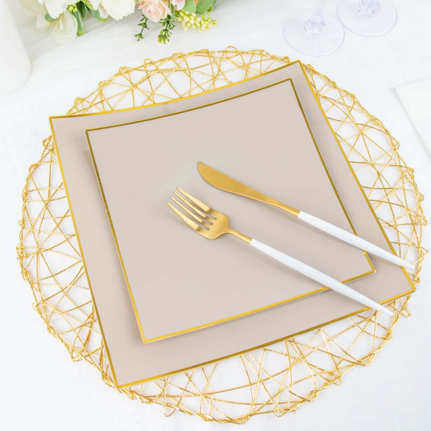 10-Pack Plastic 8" Square Dessert Plates in Taupe Concave Style with Gold Rim - Modern Disposable Salad Appetizer Party Plates