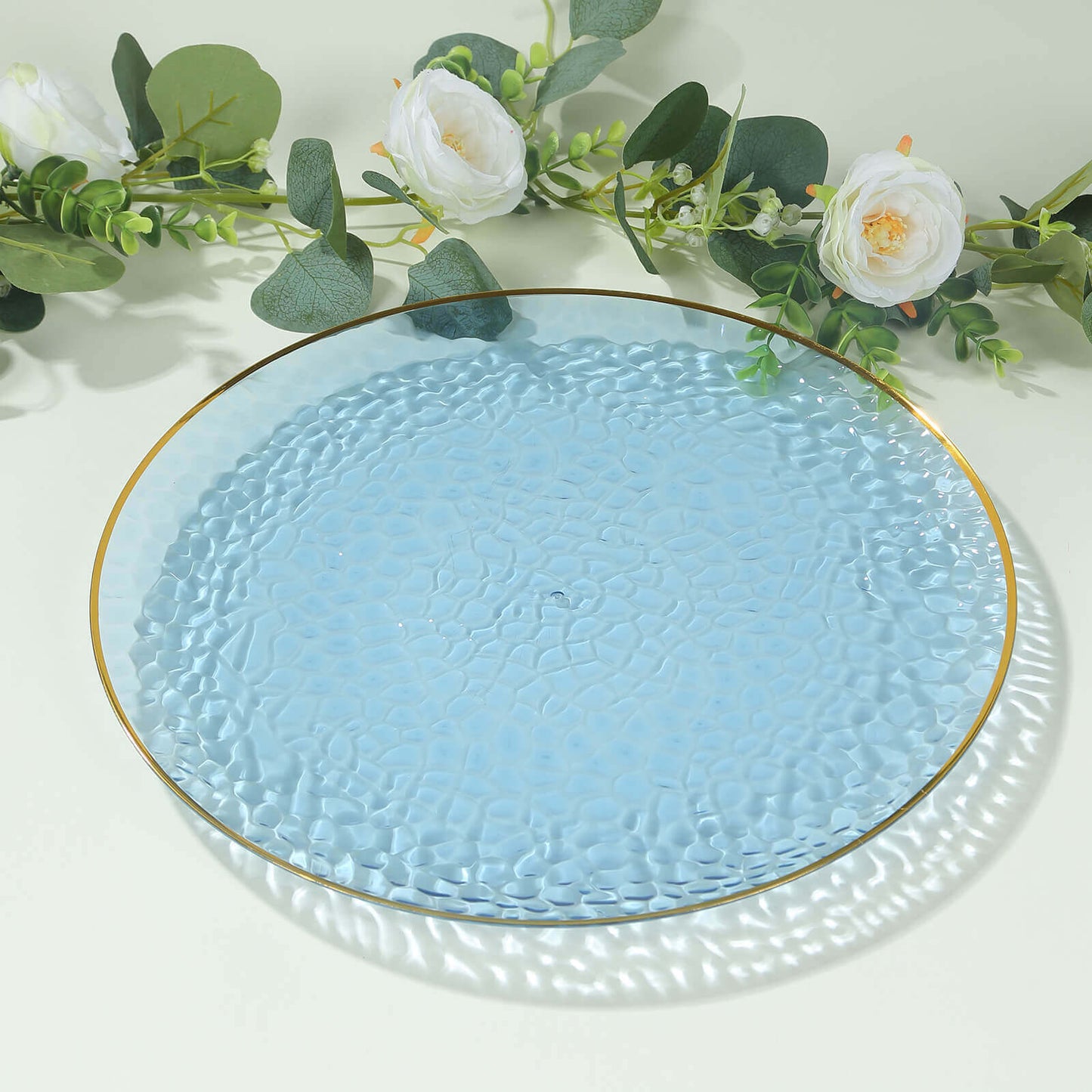 10 Pack Economy Plastic Round Charger Plates 13" in Transparent Dusty Blue Hammered Design with Gold Rim, Decorative Dinner Party Serving Plates