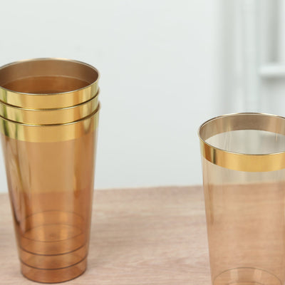 12-Pack Plastic Party Cups Transparent Amber Gold with Gold Rim - Durable Disposable Tumblers for Drinks 17oz 5.5"