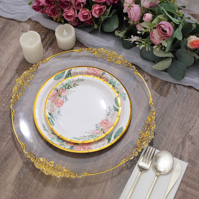 25-Pack Paper 7" Round Dessert Plates in White with Peony Floral Design & Gold Rim - Disposable Floral Salad Appetizer Plates for Brunches & Afternoon Teas