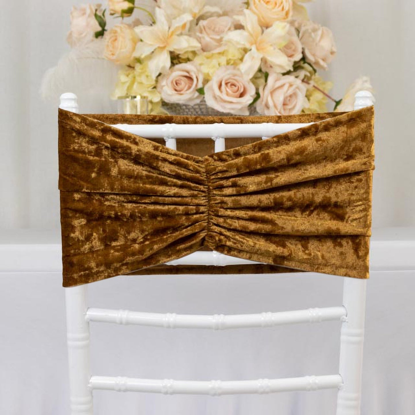 5 Pack Crushed Velvet Chair Bands Gold Wide Ruffle Style - Textured Chair Sashes for Stunning Event Decor - 8"x15"