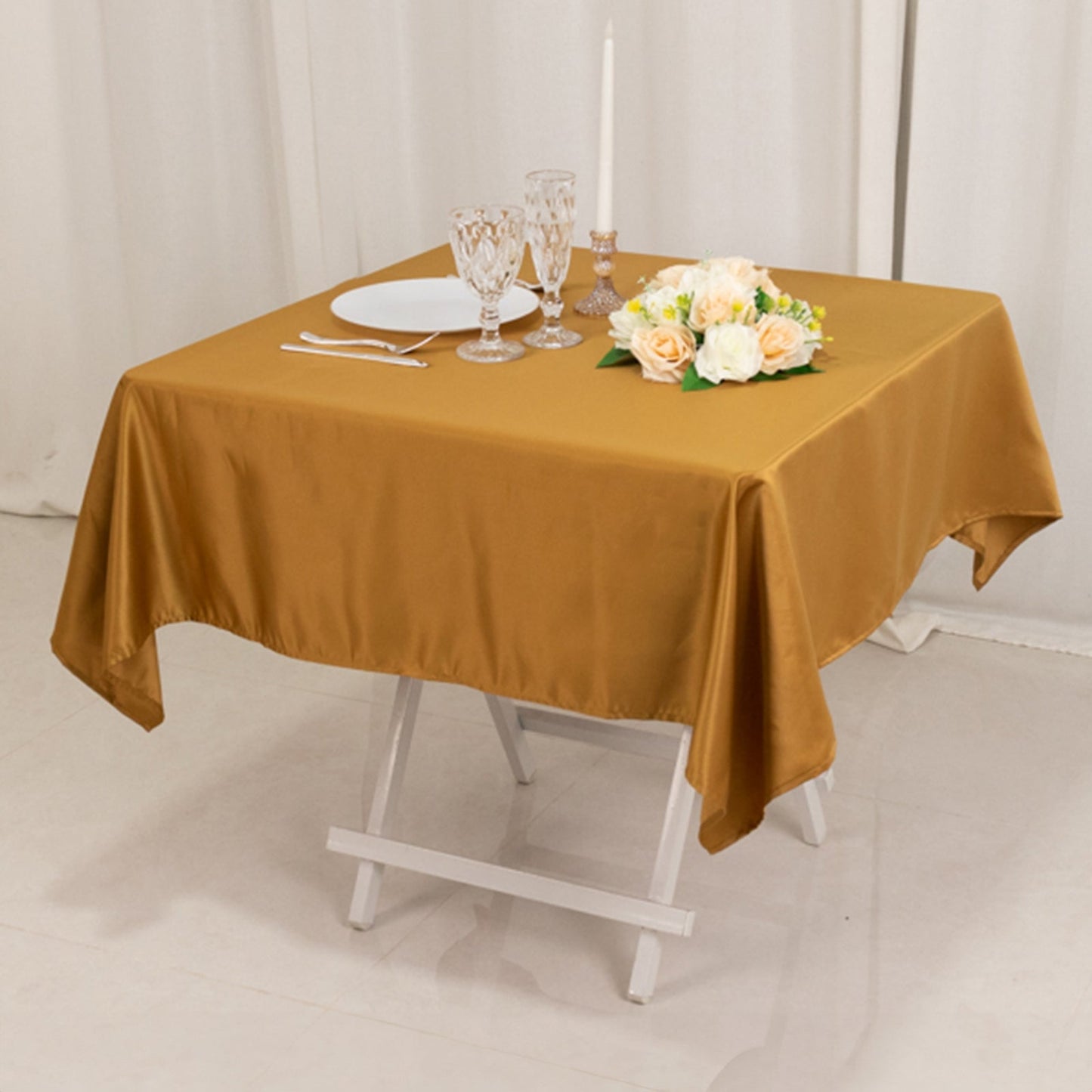 Lamour Satin 54"x54" Table Overlay Square Tablecloth Gold - Durable & Silk-Like Table Cover for Weddings & Parties