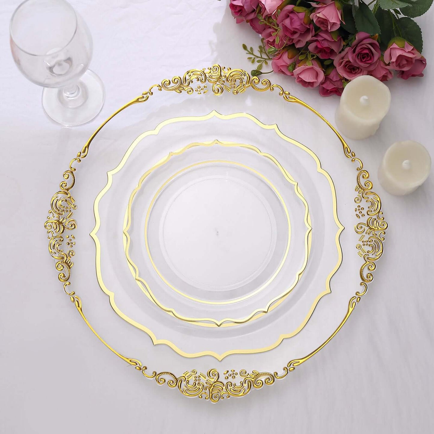 10-Pack Plastic 8" Round Dessert Plates in Clear with Gold Scalloped Rim - Disposable Appetizer/Salad Plates