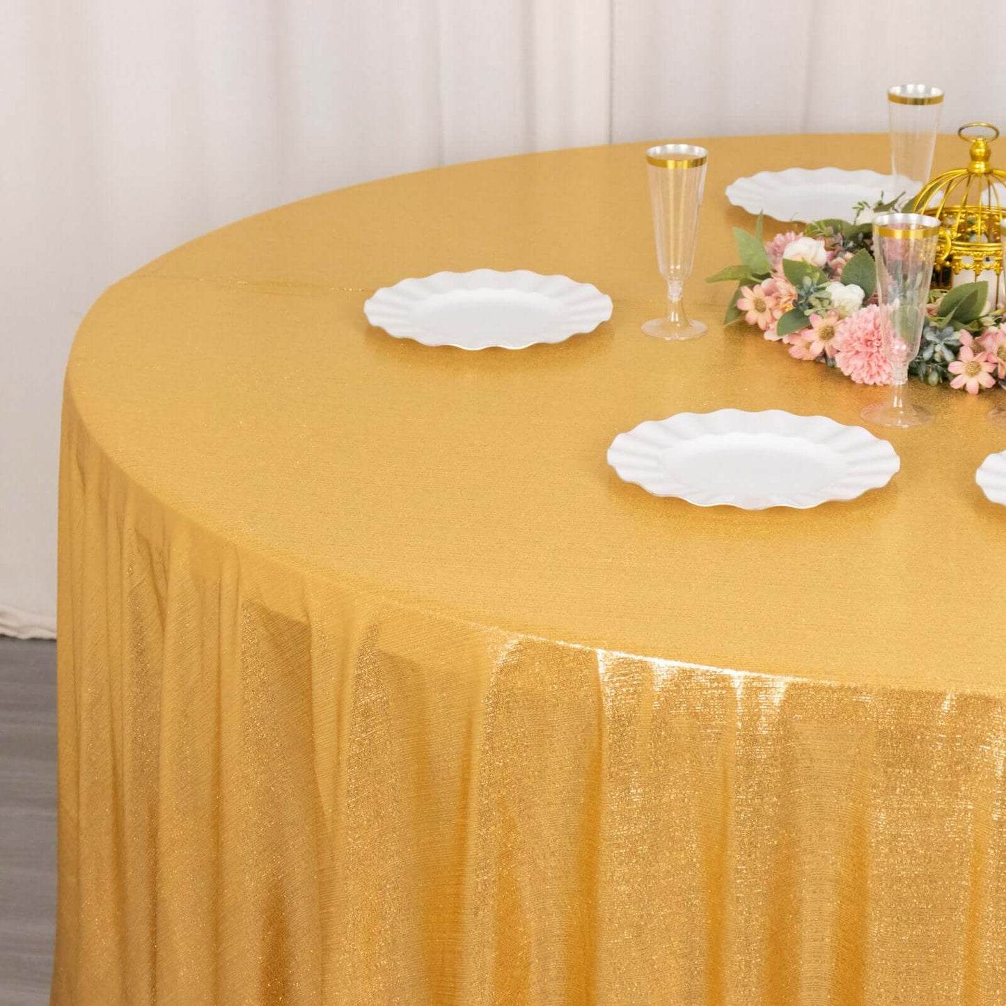 Sequin Dots Polyester Round 120" Tablecloth Shimmering Gold - Wrinkle Free & Sparkling Table Cover for Stylish Event Decor