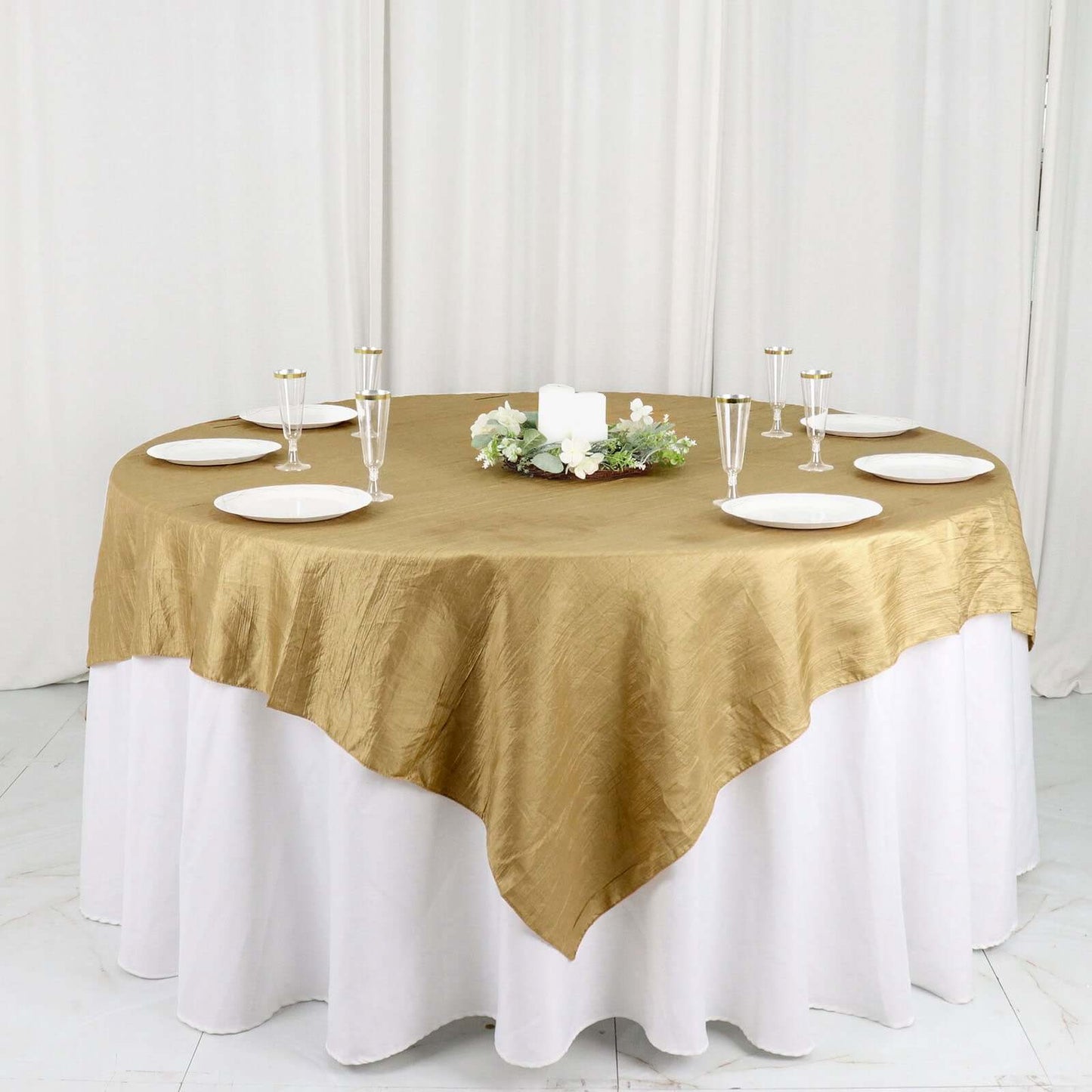 Taffeta 72"x72" Table Overlay Square Tablecloth Gold - Accordion Crinkle Design for Stylish Events