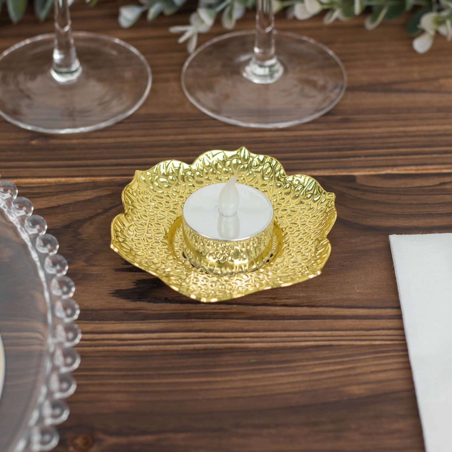 3-Pack Metal Votive Candle Holders Plum Blossom Design Shiny Gold - Vintage Mini Tea Cup Saucers 4"