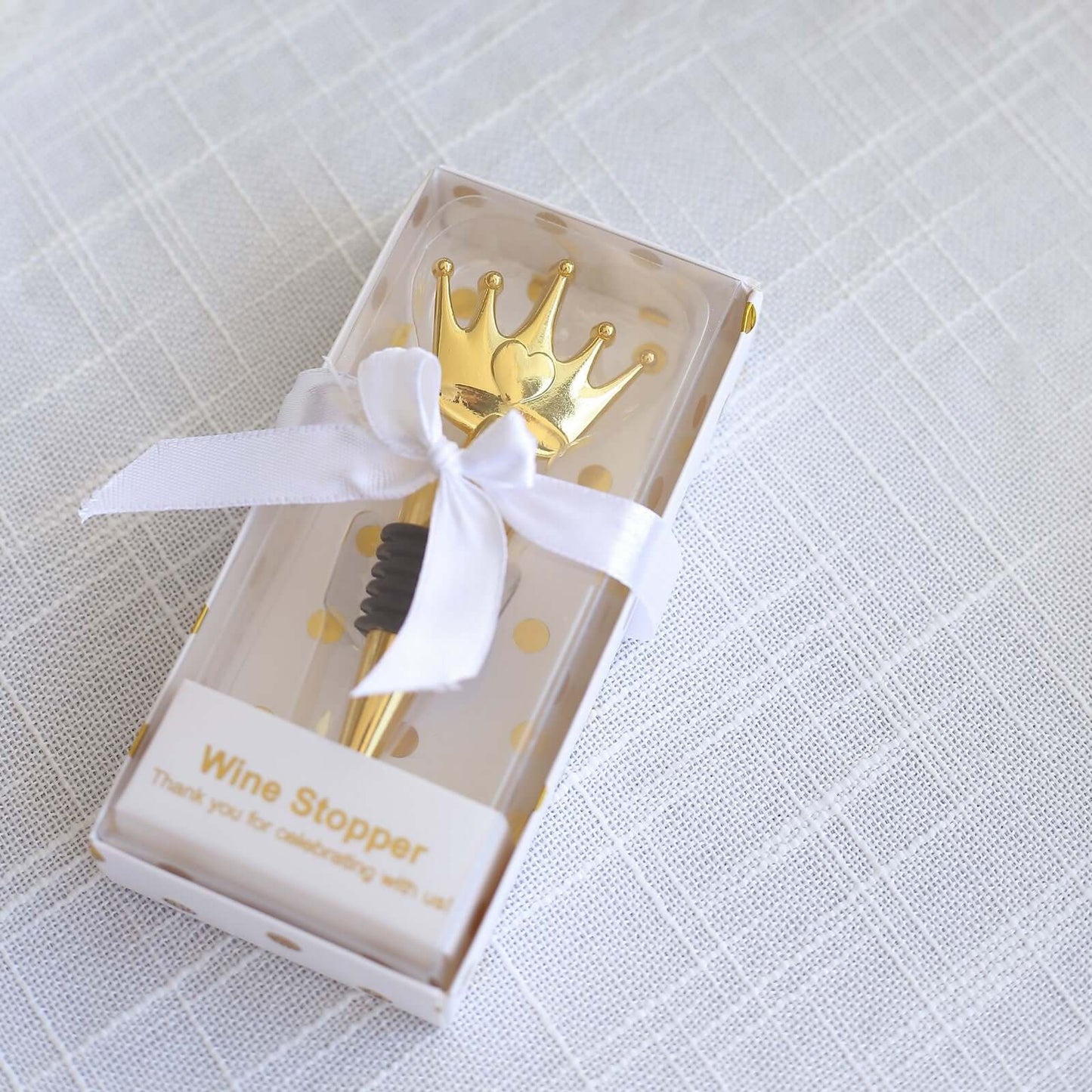 4" Gold Metal Princess Crown Wine Bottle Stopper Party Favor with Clear Gift Box, Thank You Tag and Ribbon