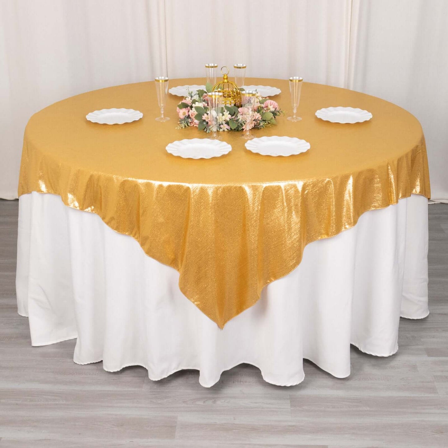 Polyester 72"x72" Table Overlay Square Tablecloth Gold Shimmer Sequin Dots Wrinkle-Free Design for Stylish Celebrations