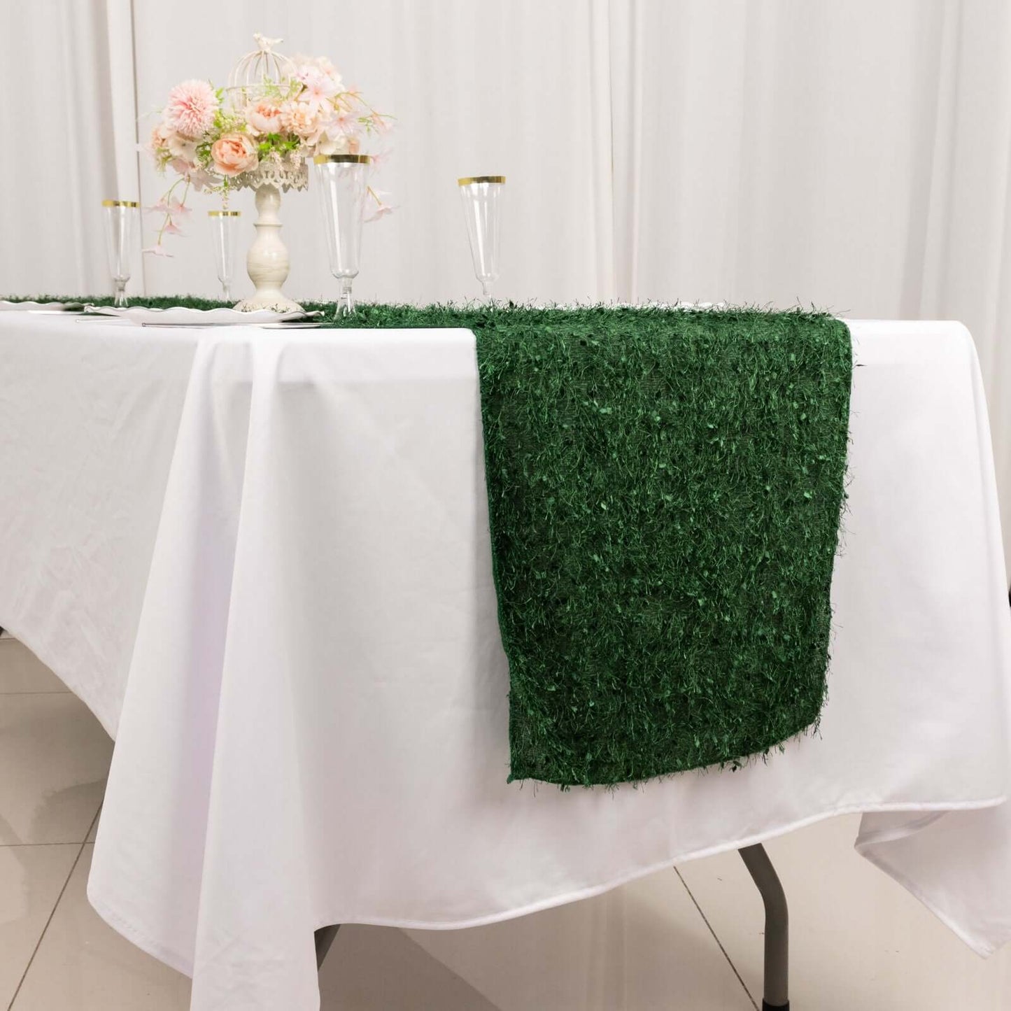 Polyester 12"x108" Table Runner Green - Fringe Shag Table Decor