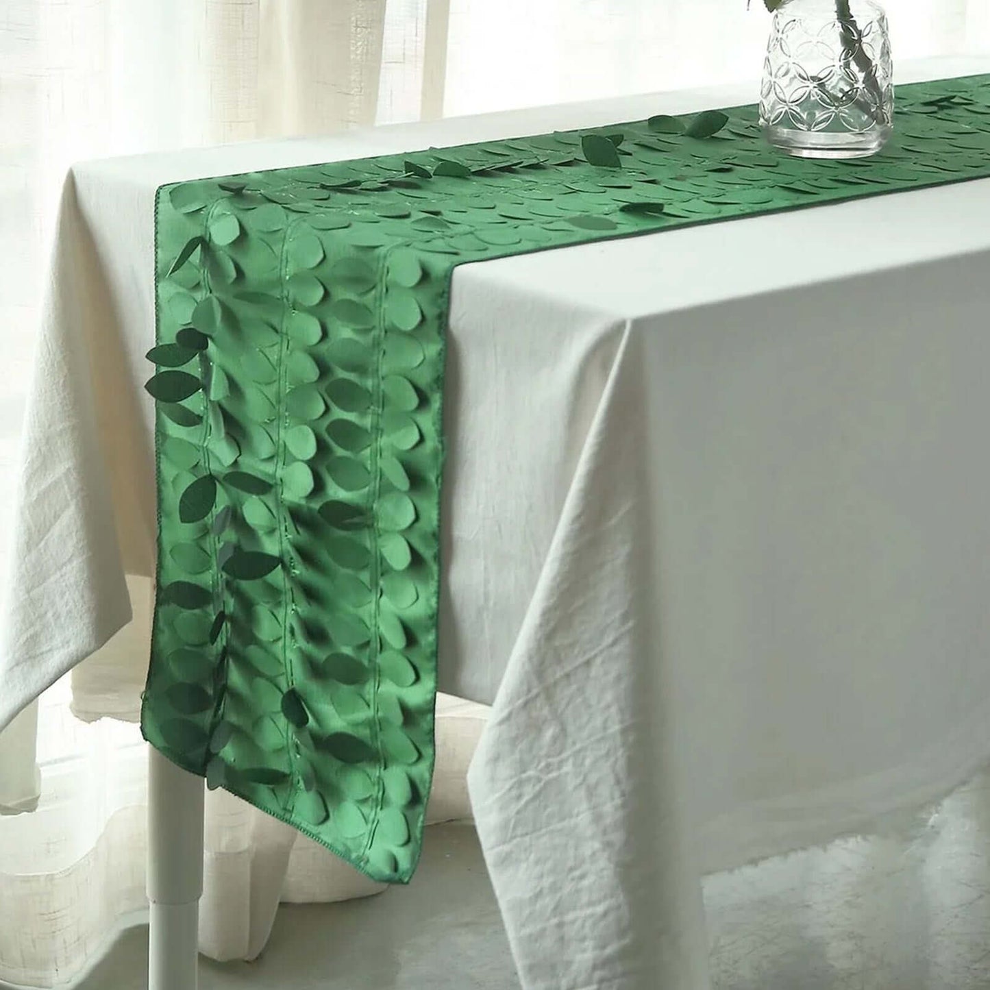 Taffeta Fabric 12"x108" Table Runner Green - 3D Leaf Petal Design