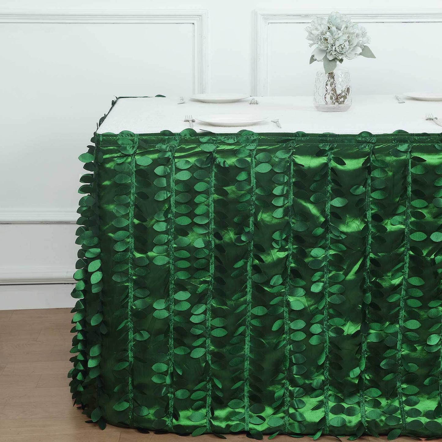 Taffeta Fabric 21ft Table Skirt Green 3D Leaf Petal Design - Exquisite & Stylish Event Table Cover
