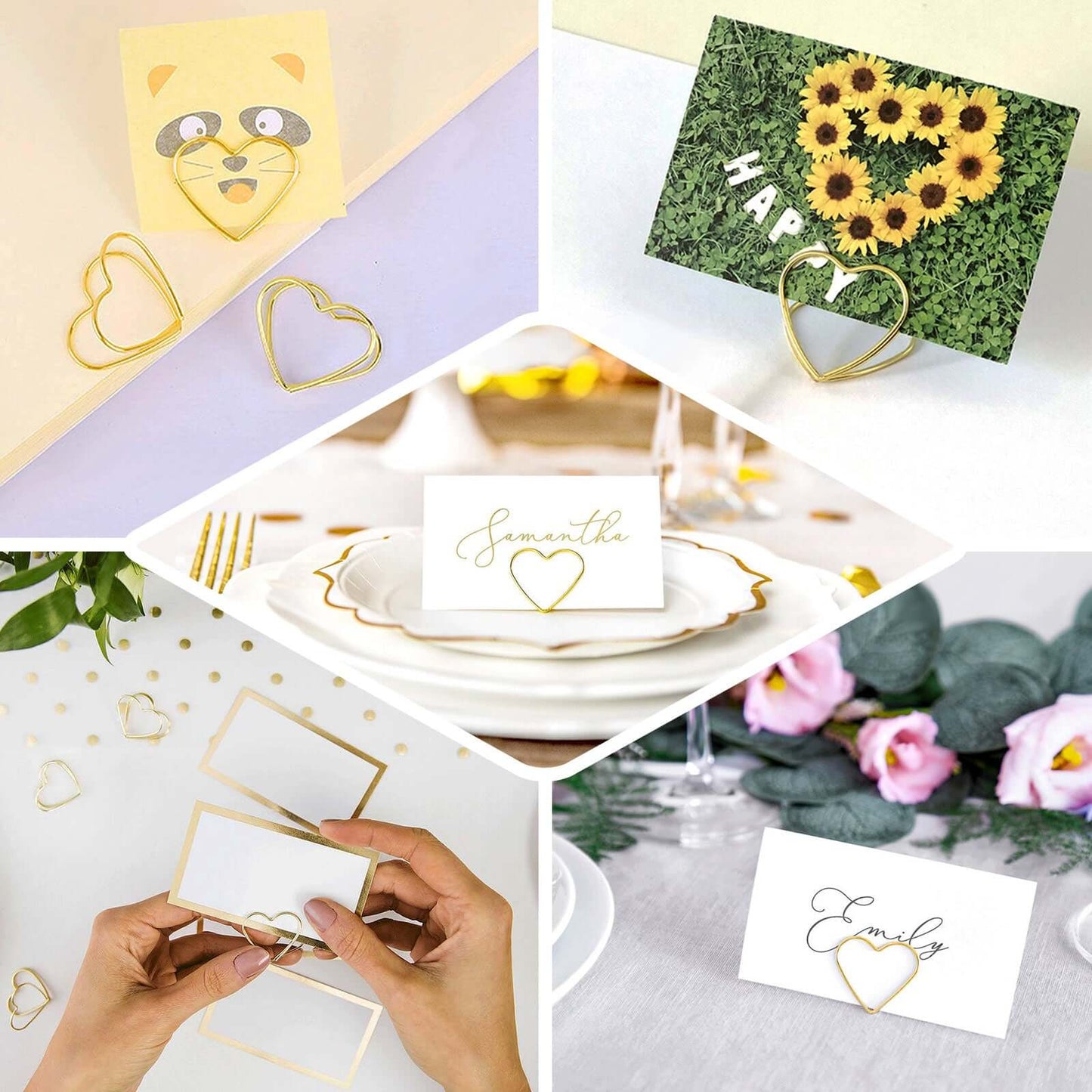 10-Pack Metal Card Holder Stands Double Heart Design Gold - Table Number Stands and Wedding Place Card Menu Clips 1"