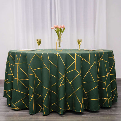 Polyester 120" Round Tablecloth Hunter Emerald Green with Gold Foil Geometric Pattern Wrinkle-Resistant Seamless Table Cover