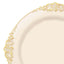 10-Pack Plastic 10" Round Dinner Plates in Ivory with Gold Leaf Embossed Rim - Disposable Vintage Baroque Style Plates