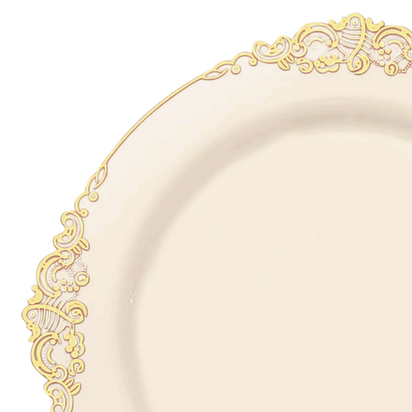 10-Pack Plastic 10" Round Dinner Plates in Ivory with Gold Leaf Embossed Rim - Disposable Vintage Baroque Style Plates