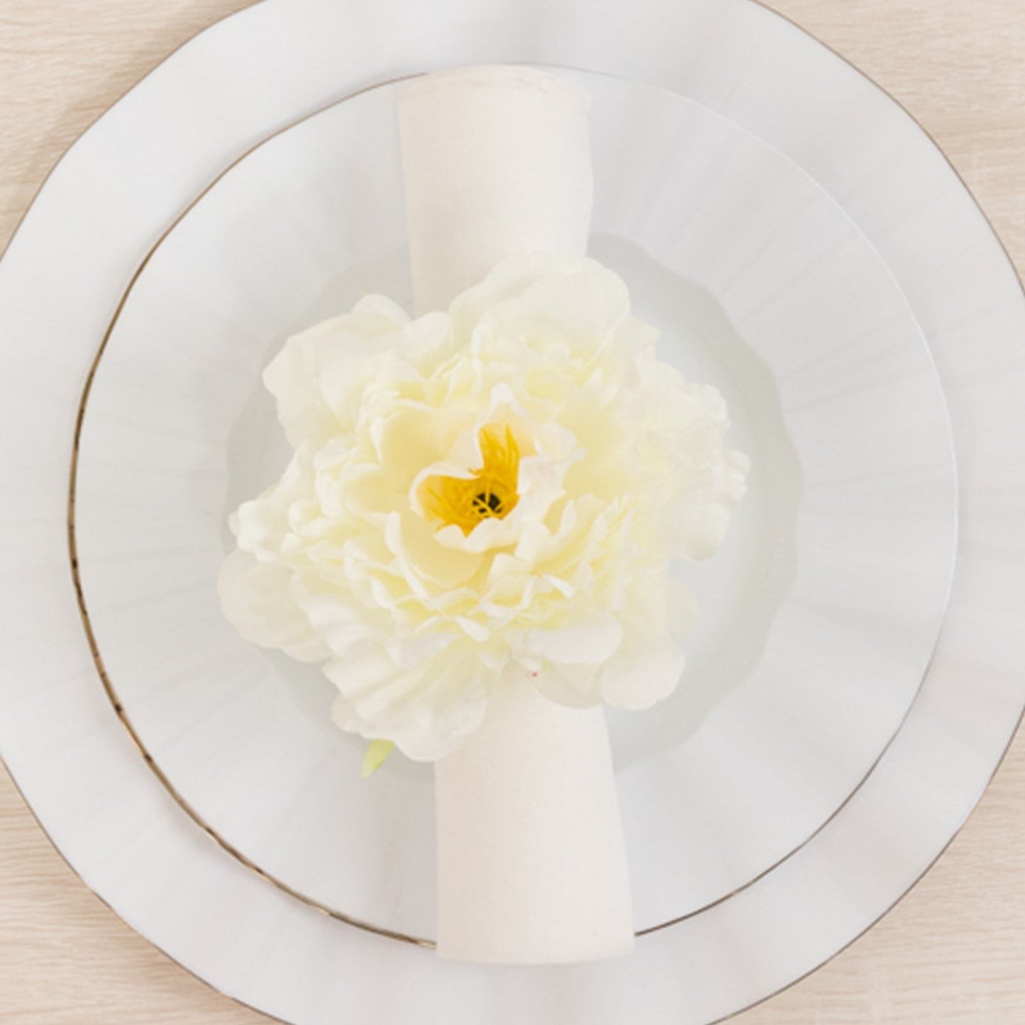 4-Pack Napkin Holders with Silk Peony Flower â€“ Ivory Floral Napkin Rings for Dining Table Settings