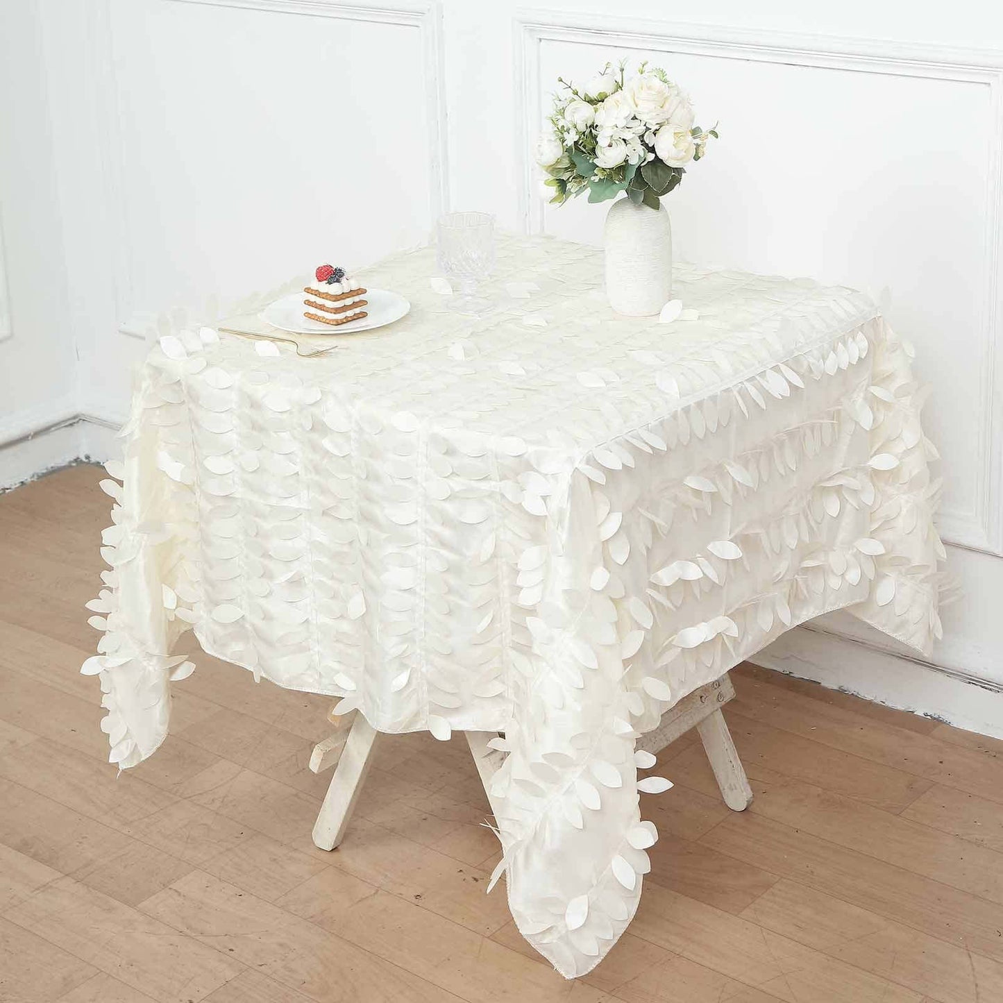 Taffeta 54"x54" Square Tablecloth Ivory 3D Leaf Petal Table Cover