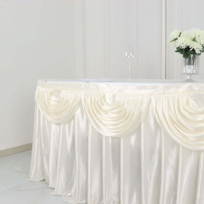Satin 14ft Table Skirt Ivory - Pleated Double Drape Table Cover