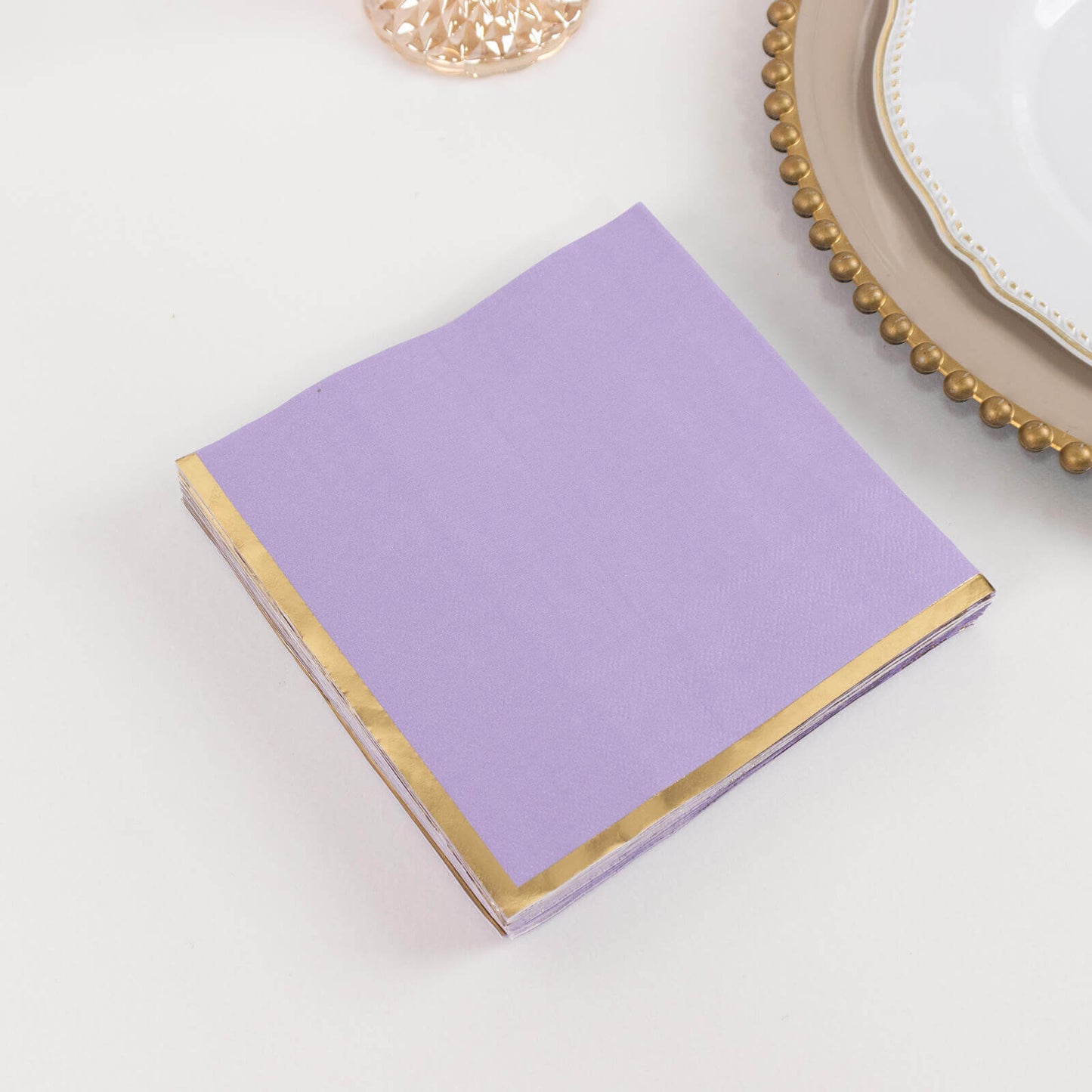 50-Pack Paper Beverage Napkins with Gold Foil Edge Lavender - Disposable 2 Ply Cocktail Napkins for Events 6.5"x6.5"