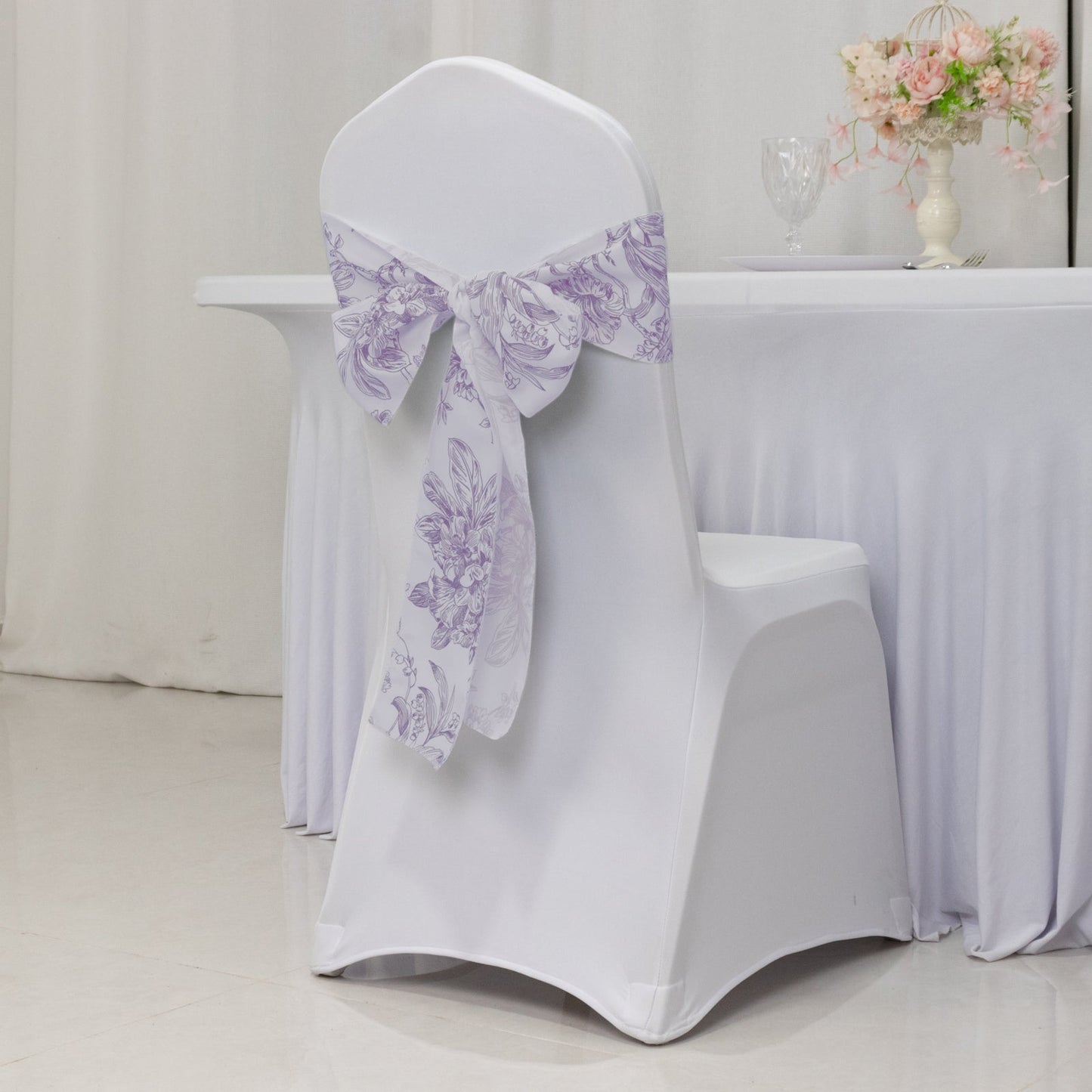Polyester Chair Sashes White Lavender Lilac French Toile Floral Design - Wrinkle-Resistant & Durable Chair Bows for Exquisite Weddings & Banquets 6"x108"
