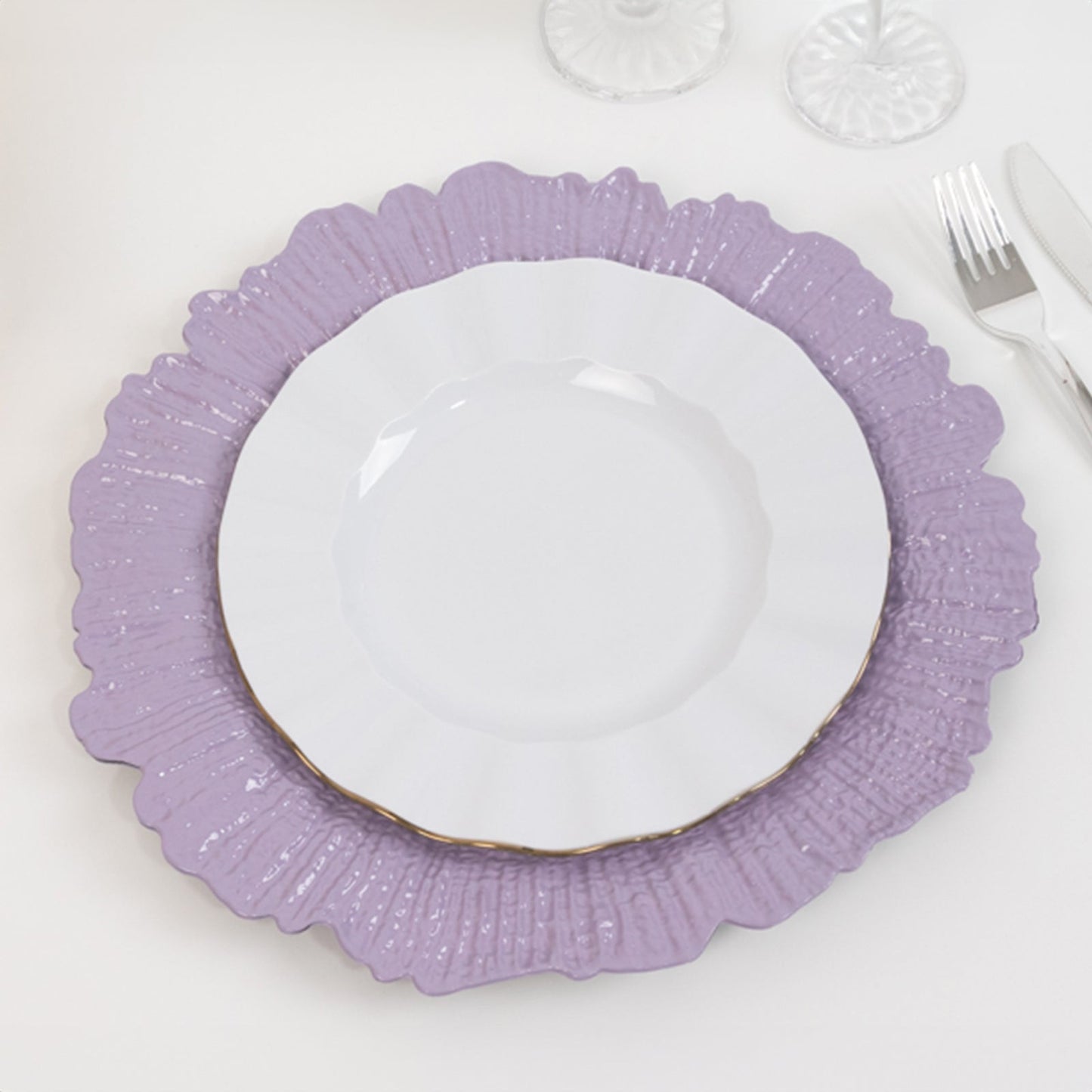 6-Pack Acrylic Plastic Round Charger Plates 13" in Lavender Lilac with Reef Design, Dinner Charger Tableware