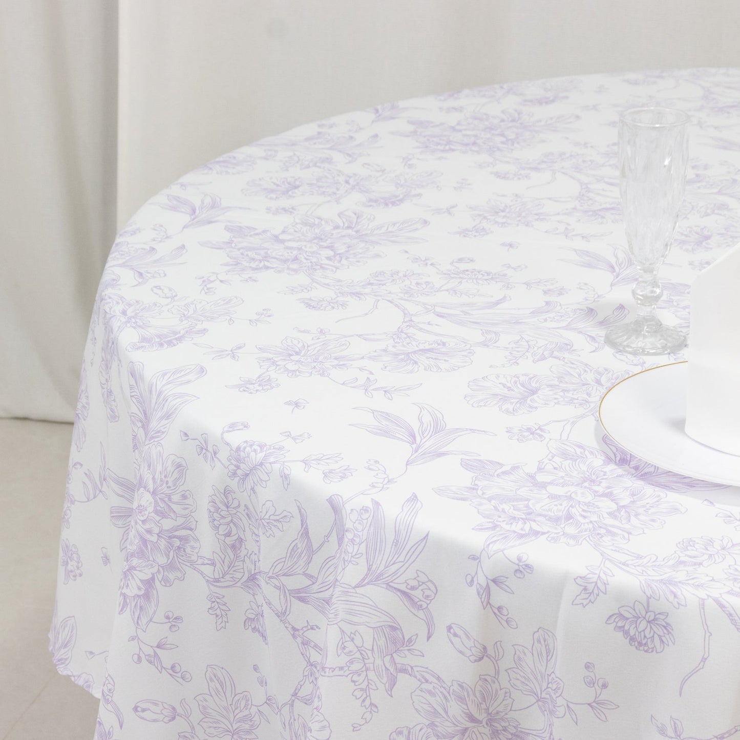 Polyester 90" Round Tablecloth White - Lavender Lilac French Toile Pattern for Chic Weddings