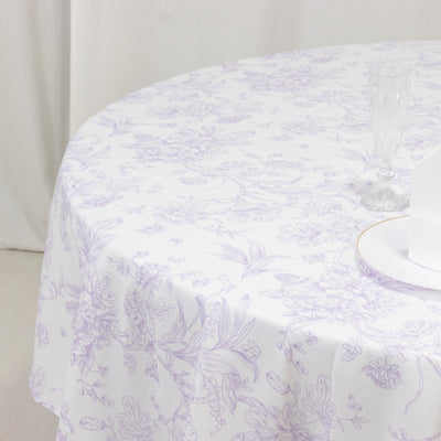Polyester 90" Round Tablecloth White - Lavender Lilac French Toile Pattern for Chic Weddings