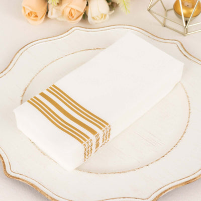 20 Pack Linen-Like Paper 8"x4" Napkins White With Gold Lines - Soft Hygienic Airlaid Guest Towels