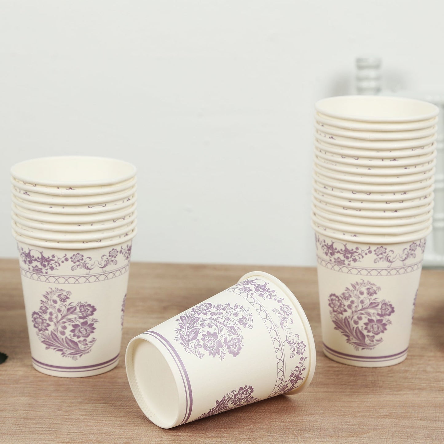24 Pack Disposable Paper Cups in White Lavender Damask Floral Pattern, Elegant Party Cups - 9oz