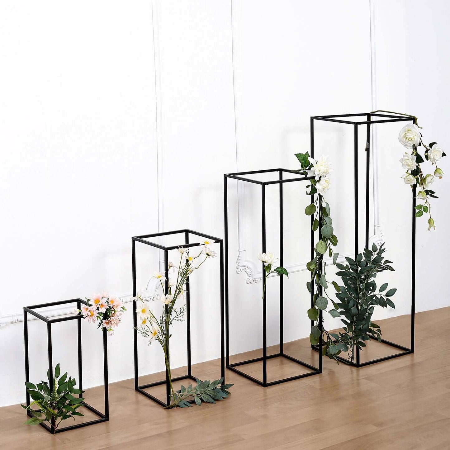 Set of 4 Metal Flower Stands Frame Wedding Column Centerpieces Matte Black - Durable Display 16"/24"/32"/40"