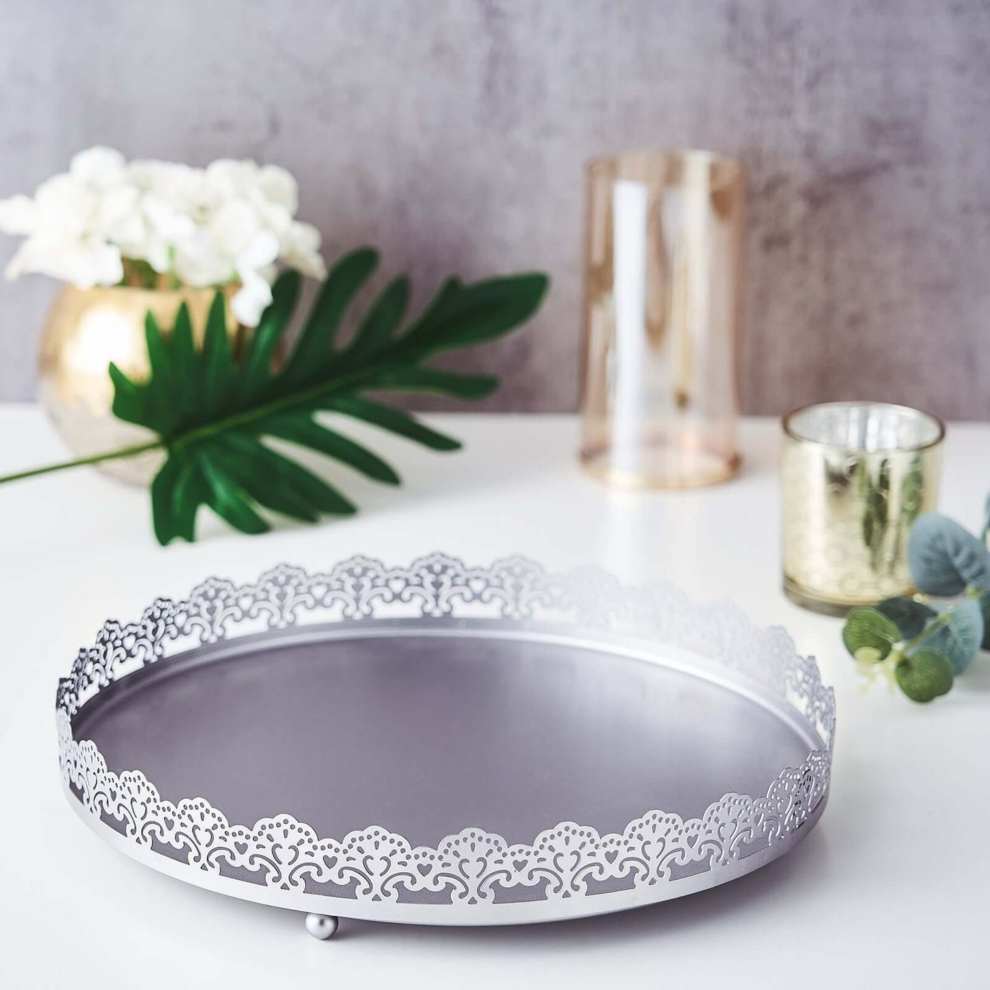 Metal Round Serving Tray 12" in Silver with Embellished Rims, Stylish Decorative Vanity Tray Centerpiece