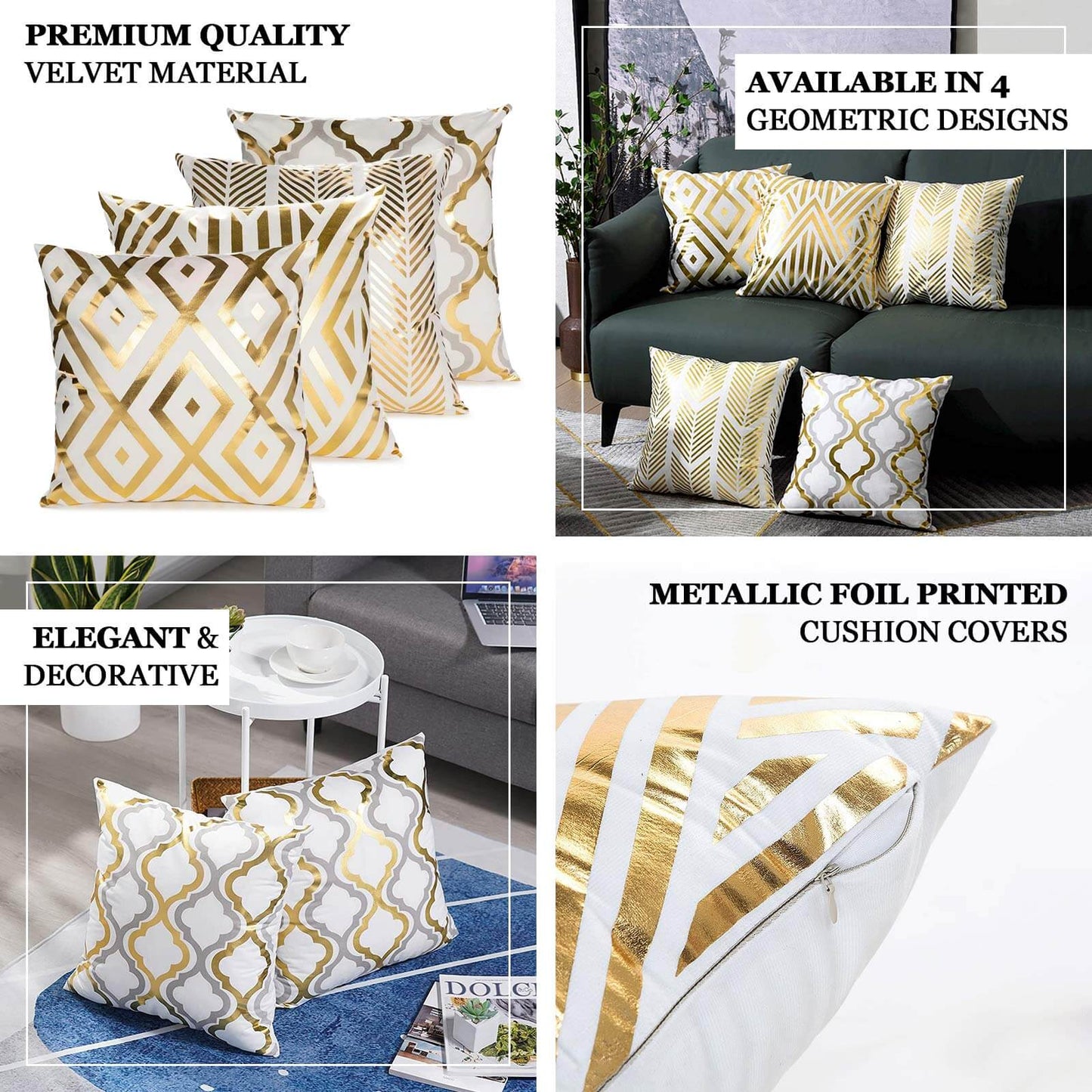 Set Of 4 18" White Gold Foil Geometric Print Throw Pillow Covers, Velvet Square Sofa Cushion Covers