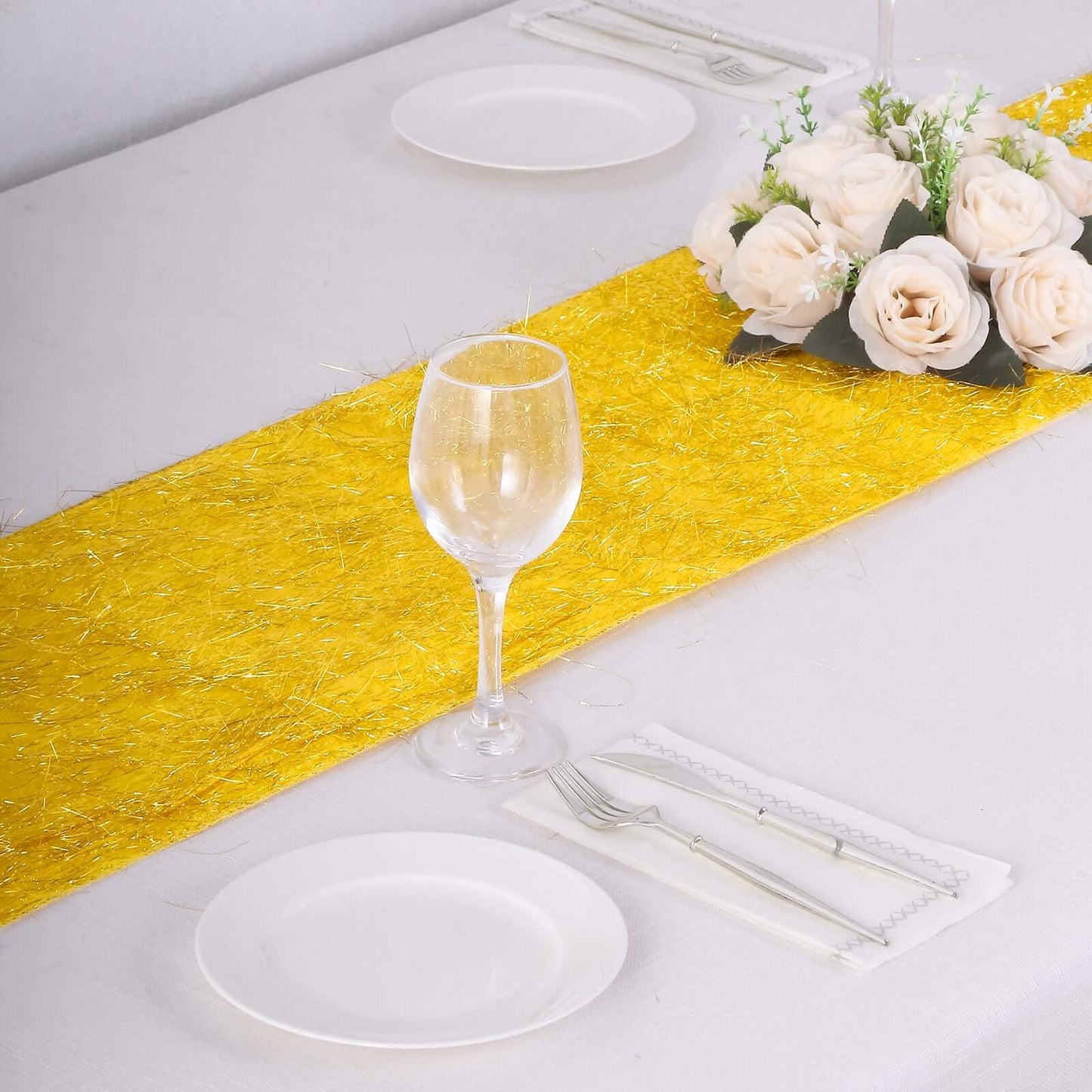 Metallic Tinsel Polyester 12"x108" Table Runner Gold - Shimmery Fringe Shag Event Table Decor