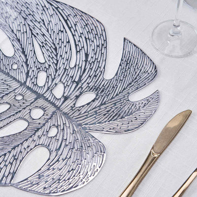 6-Pack Dining Table Mats Monstera Leaf Design Silver - Vinyl Non-Slip Surface for Tropical Themes 18"