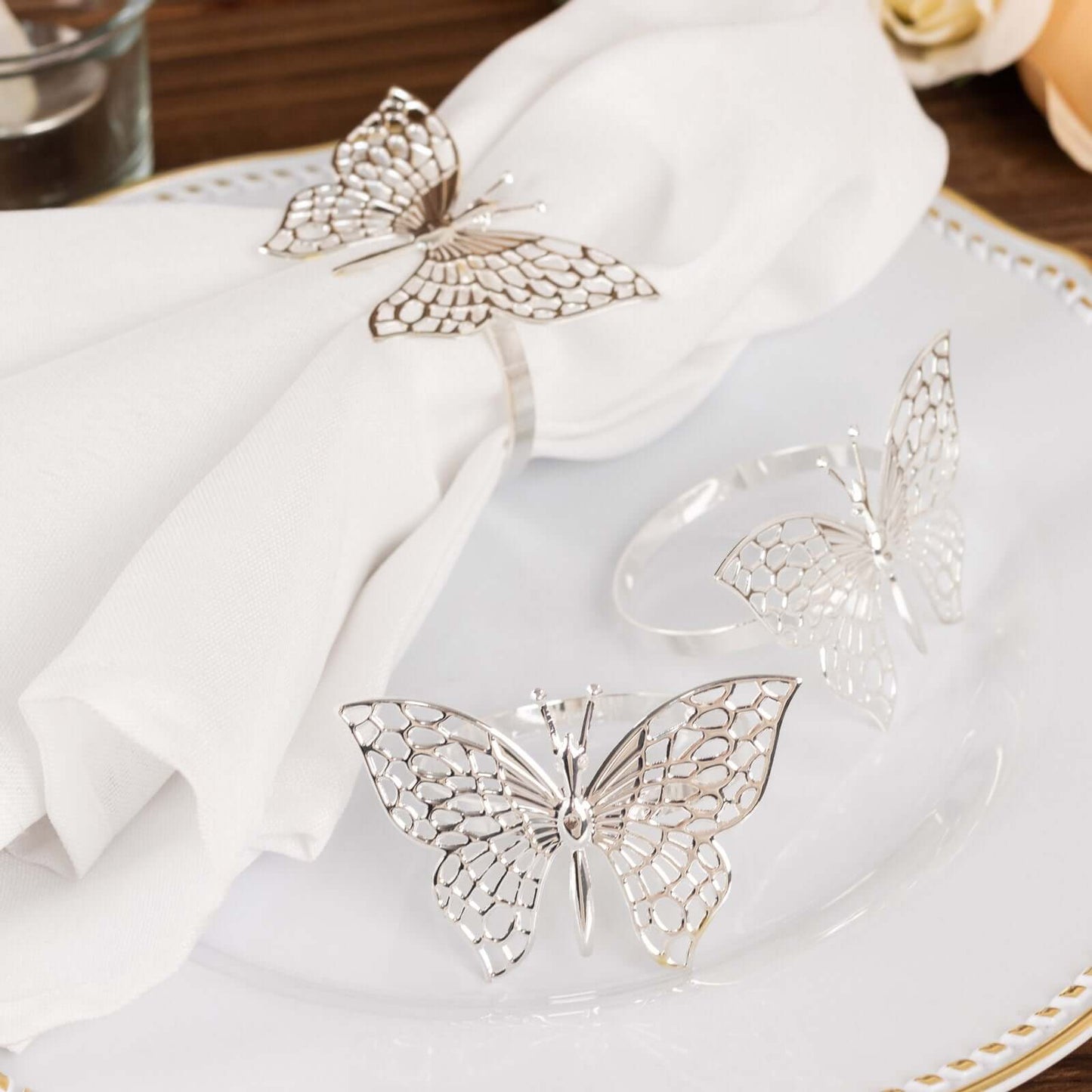 4 Pack Silver Metal Butterfly Napkin Rings, Decorative Laser Cut Cloth Napkin Holders