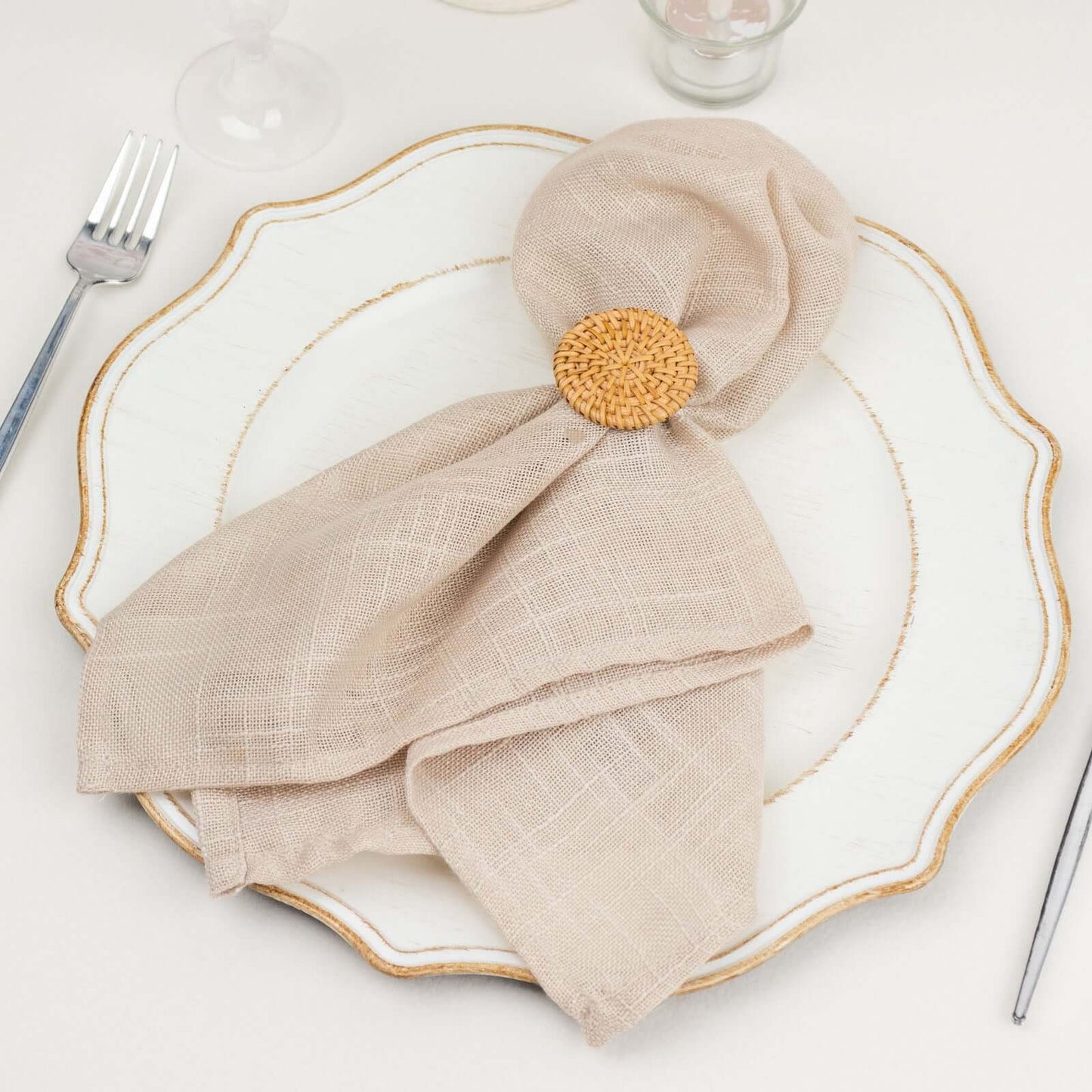 4 Pack 2" Natural Rustic Style Jute Rattan Metal Napkin Rings, Handmade Boho Chic Woven Serviette Buckle Holders