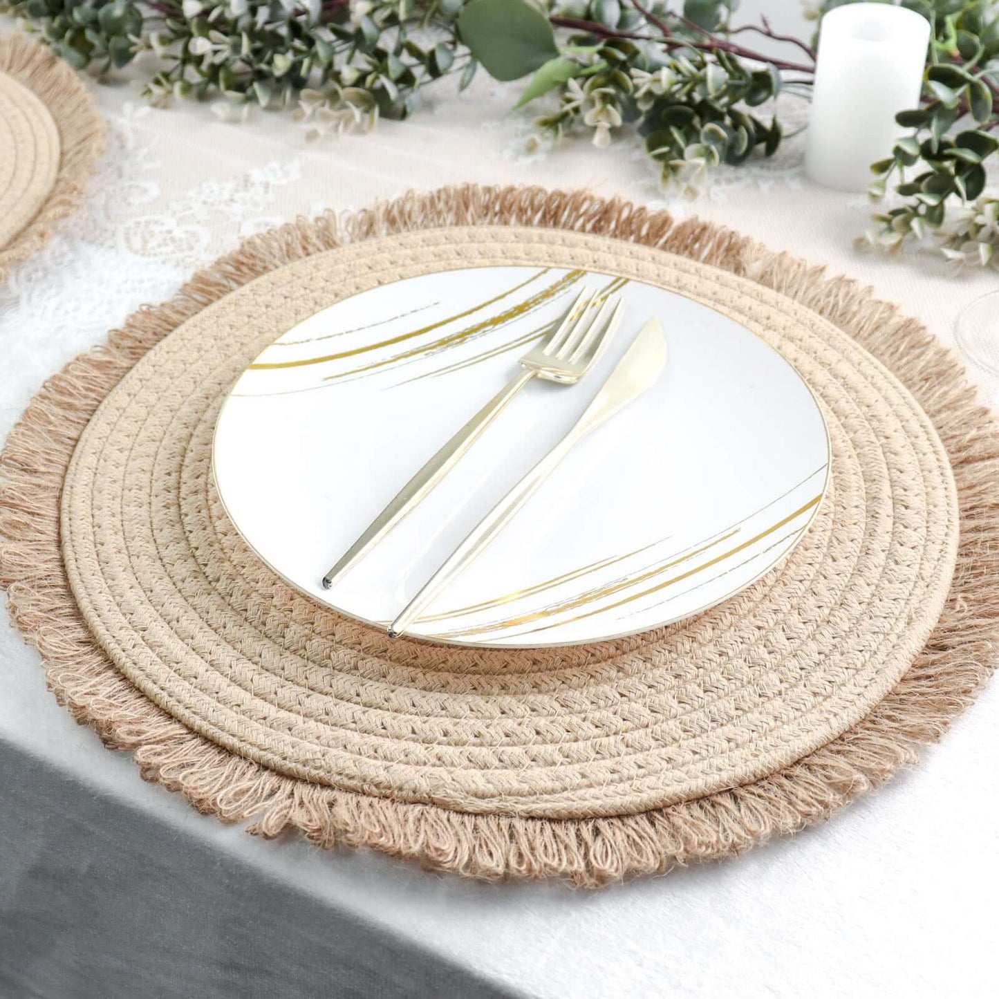 4-Pack Placemats Fringed Edge Design Natural Rustic Burlap Jute Round - Farmhouse Style Table Mats with Trim 15"