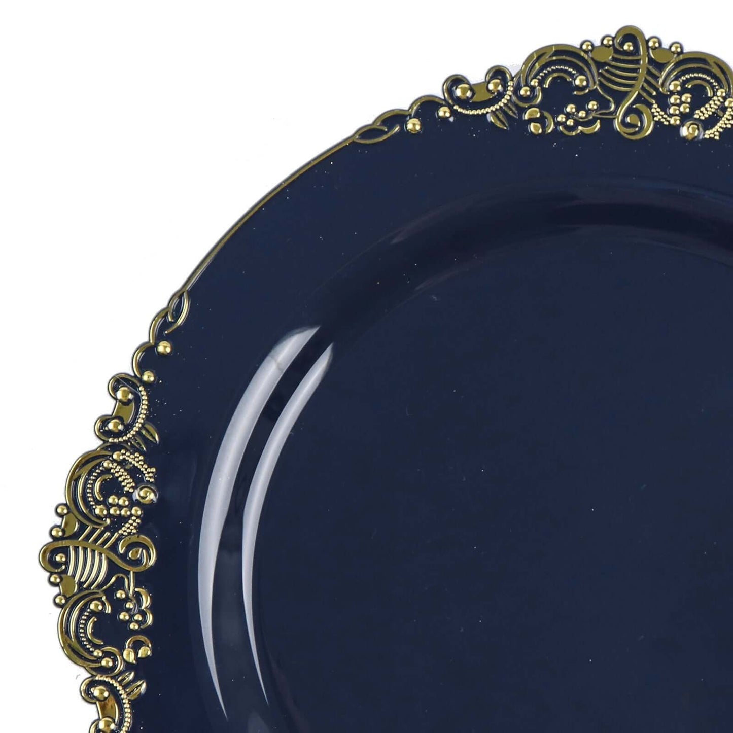 10-Pack Plastic 8" Round Dessert Plates in Navy Blue with Gold Leaf Embossed Rim - Disposable Vintage Baroque Style Salad Plates