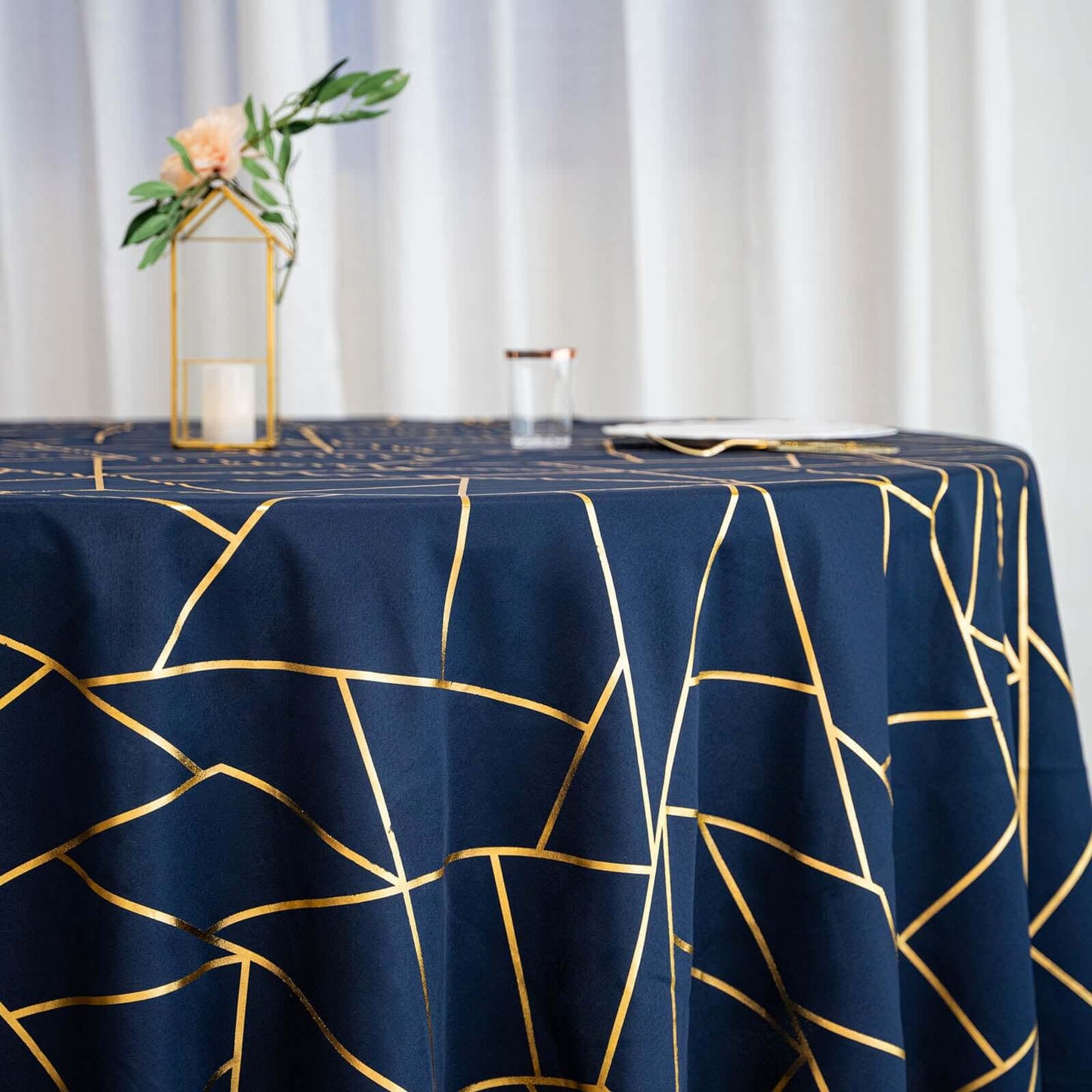 Polyester 120" Round Tablecloth Navy Blue with Gold Foil Geometric Pattern Wrinkle-Resistant Seamless Table Cover