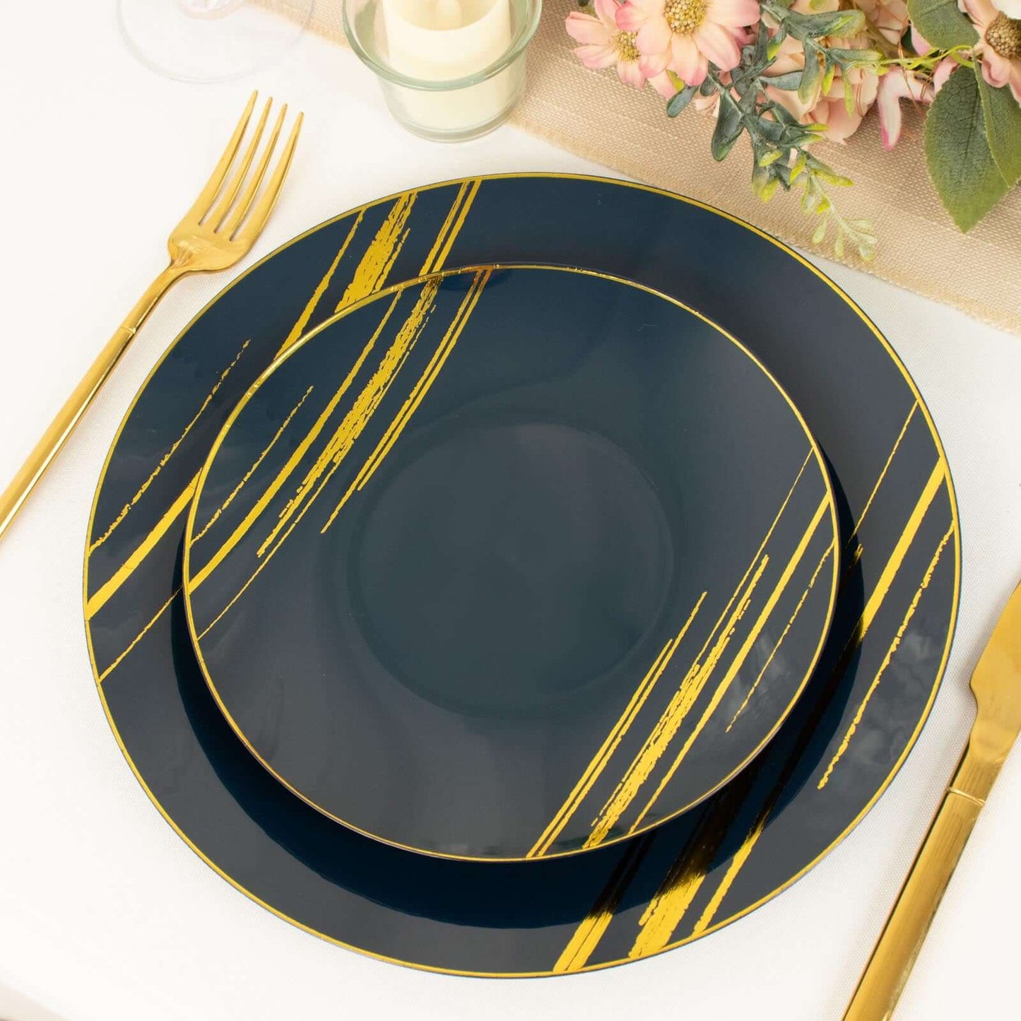 10-Pack Plastic 7" Round Dessert Plates in Navy Blue with Gold Brush Stroked Print - Disposable Appetizer Salad Plates
