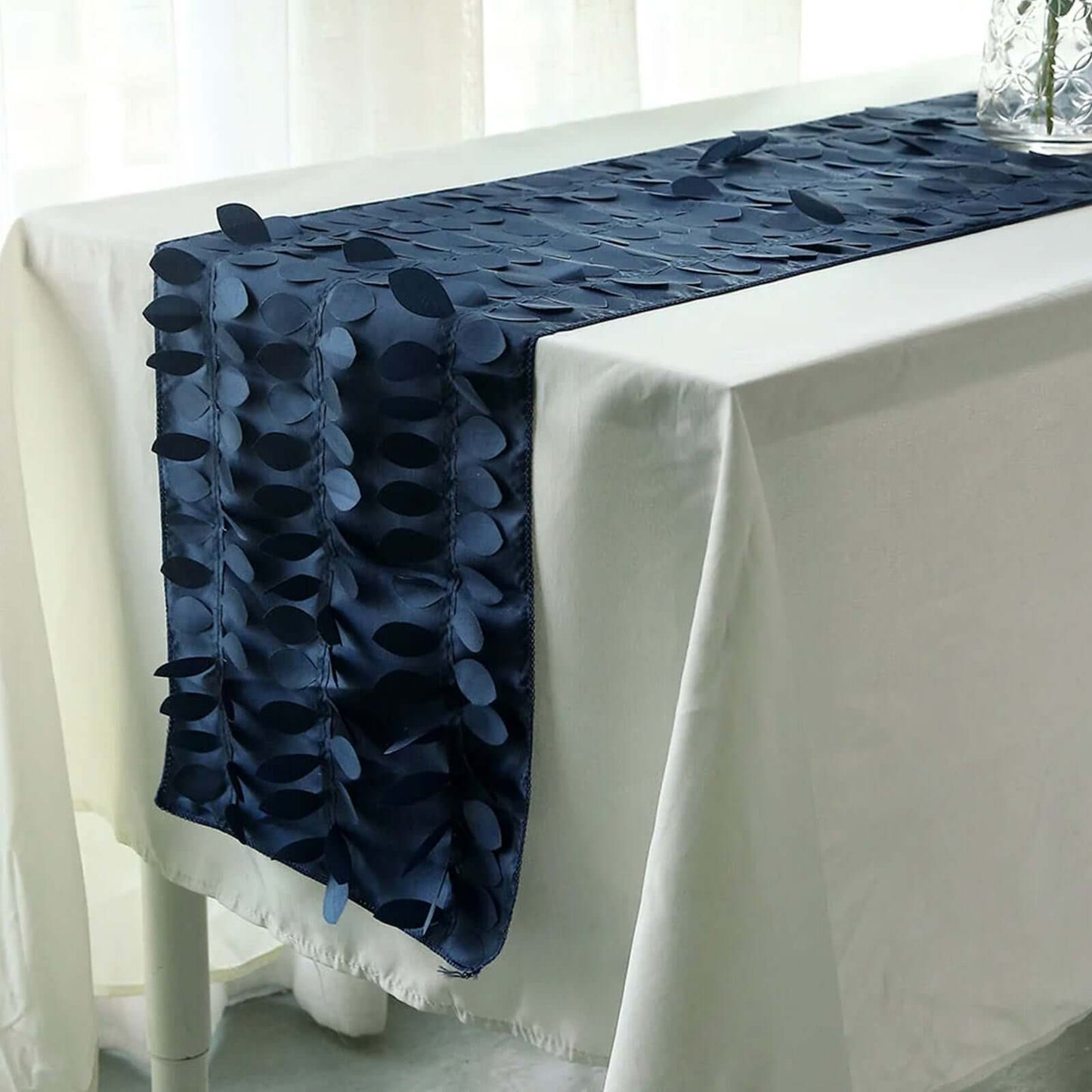Taffeta Fabric 12"x108" Table Runner Navy Blue - 3D Leaf Petal Design