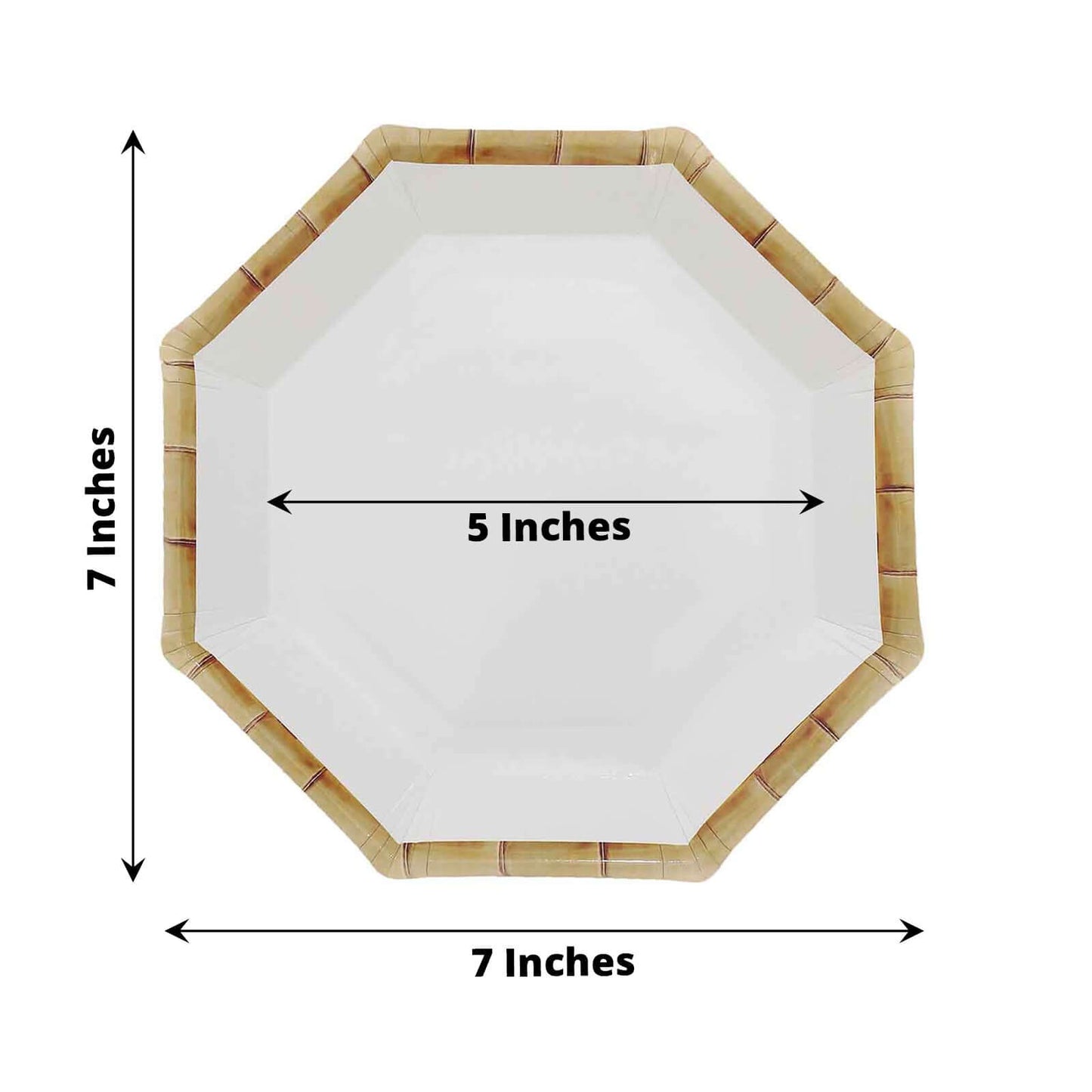 25-Pack Paper Octagonal Dessert Plates 7" White with Bamboo Print Rim - Disposable Geometric Appetizer Salad Plates for Garden Parties & Tropical Themed Events