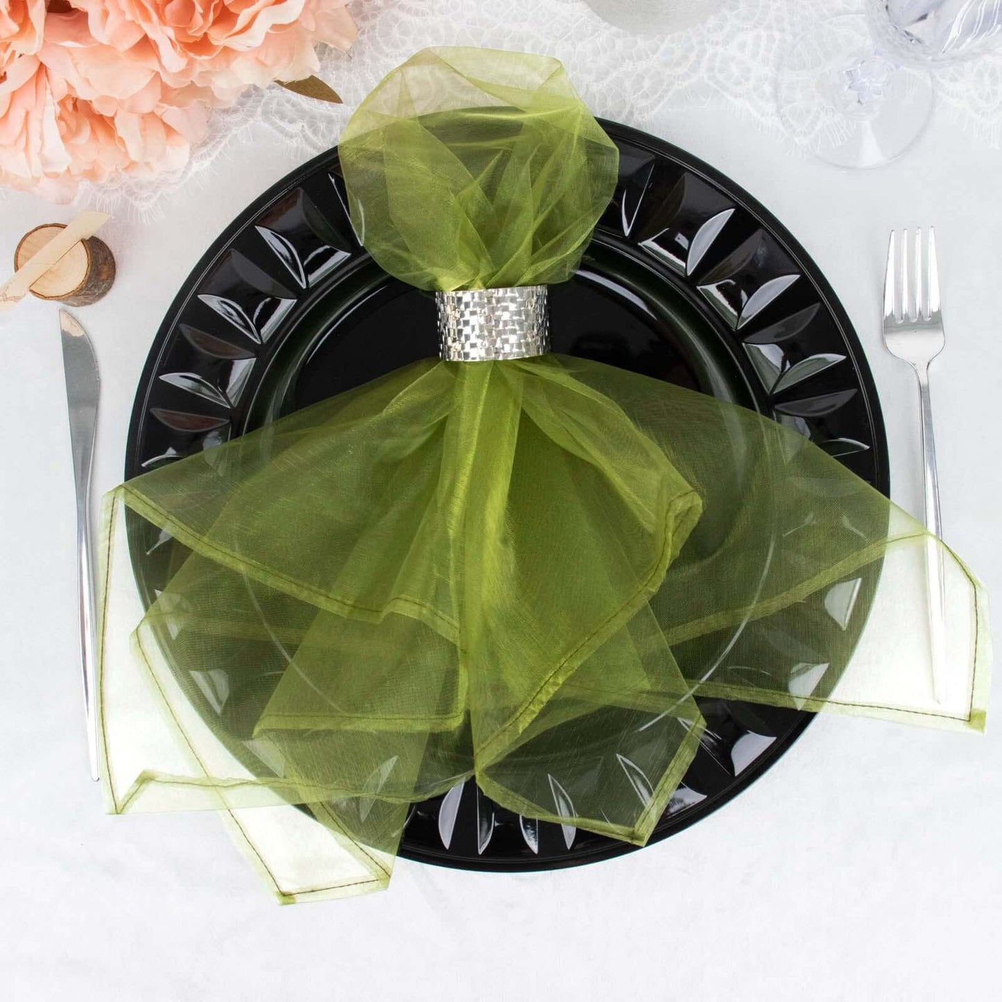 10 Pack Organza 23"x23" Napkins Olive Green - Sheer Cloth Napkins