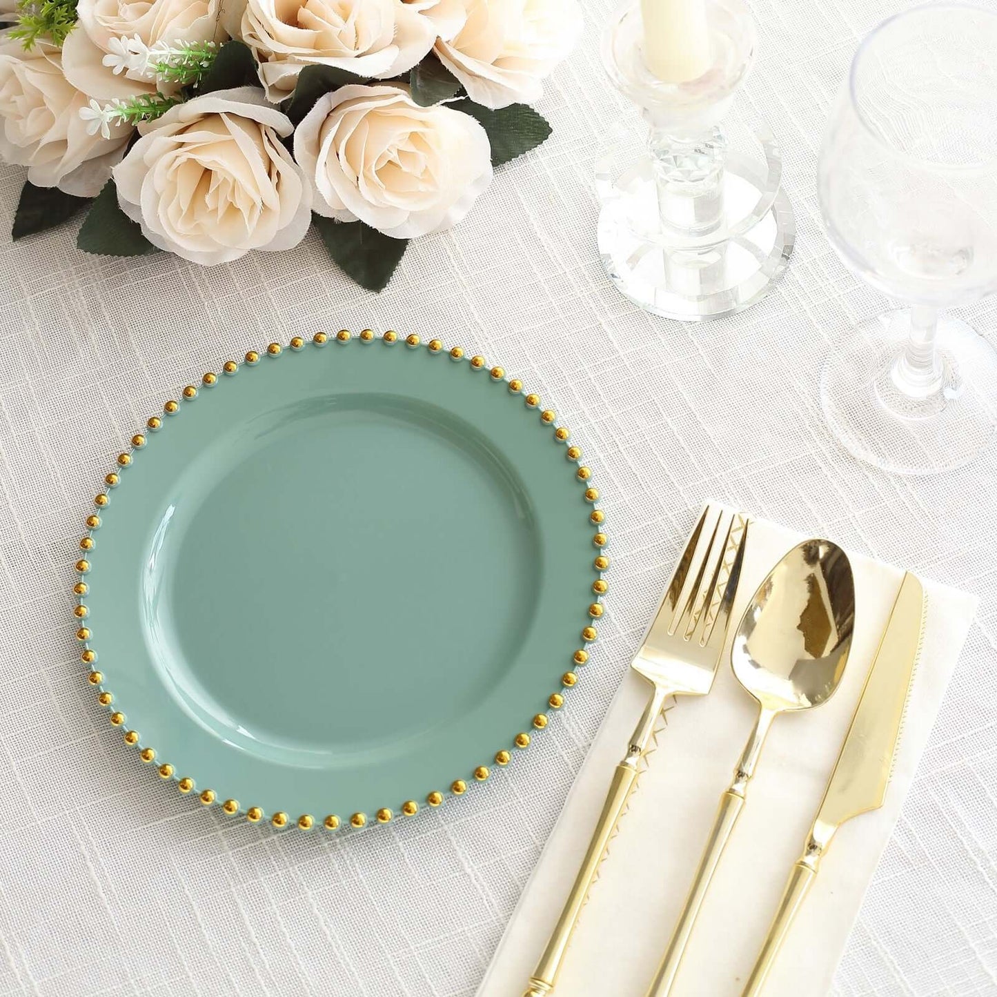 10-Pack Dusty Sage Green Plastic Dessert Plates â€“ 8" Round with Gold Beaded Rim, Disposable for Parties & Events